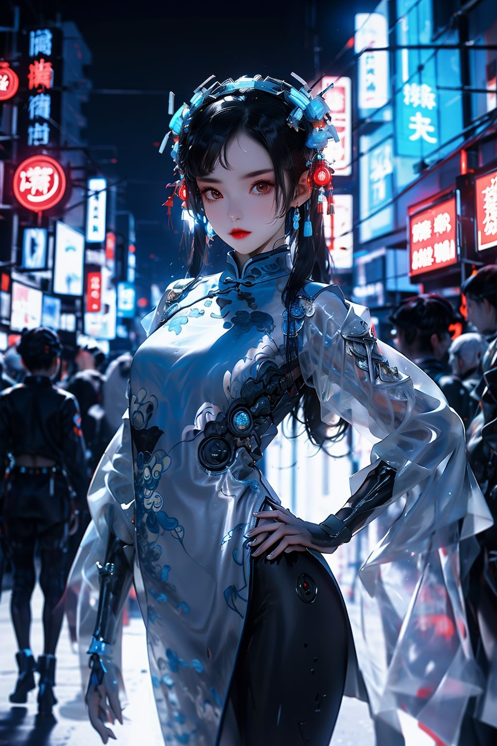 1 girl, chinese_clothes, in white and blue,cyberhanfu, Cheongsam, cyberpunk city, dynamic pose, Headdress, hair ornament, long hair, cyberpunk, a high-tech city, full of machinery and futuristic element, futurism, technology<lora:cyberhanfu_20230617014620-000010:0.8>