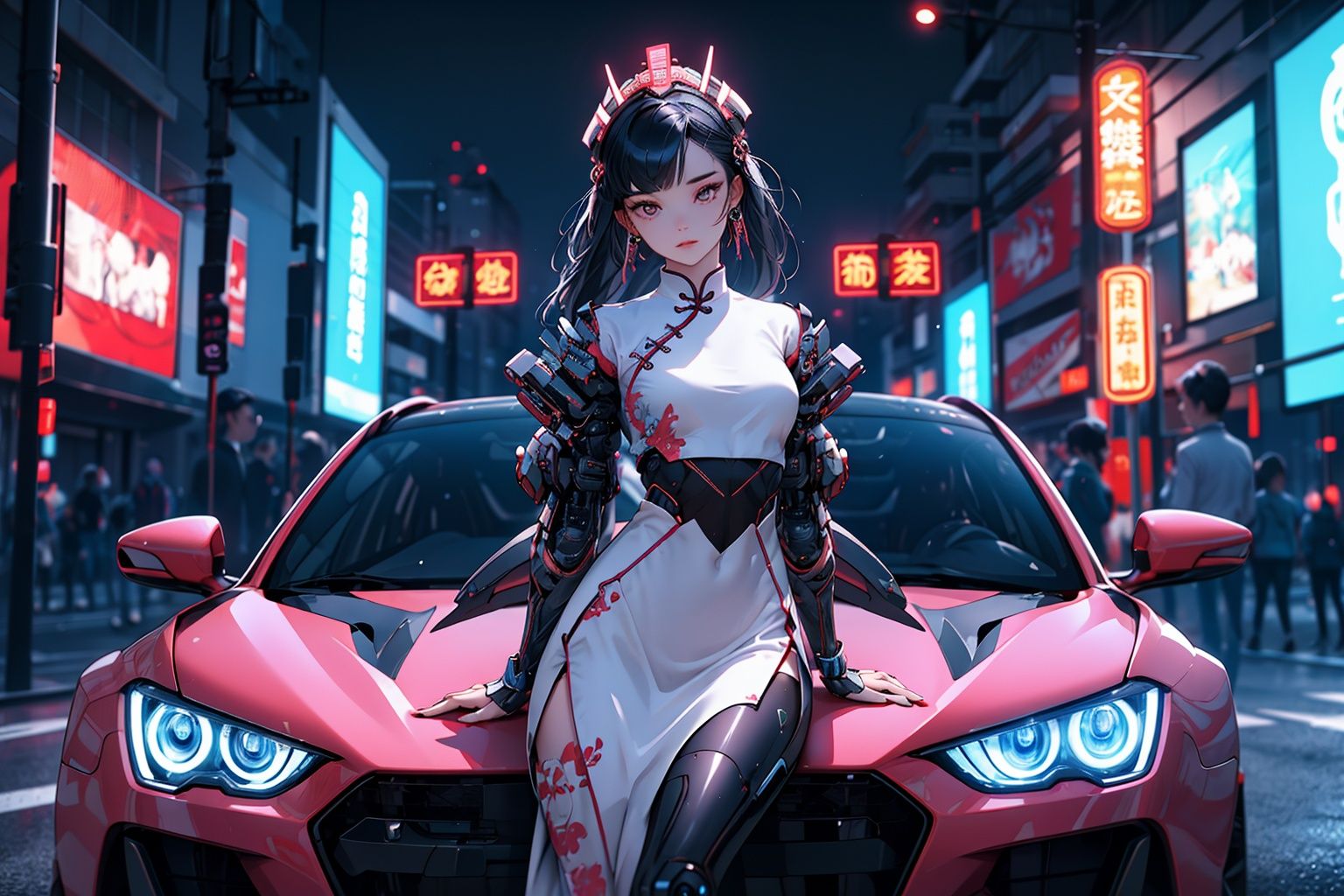 1 girl, solo, sitting on the car, a high-tech sports car, cyberhanfu, long sleeves, chinese_clothes, in pink and white, cyberpunk city, dynamic pose, Headdress, hair ornament, long hair, cyberpunk, a high-tech city, full of machinery and futuristic element, futurism, technology ，daylight<lora:cyberhanfu_20230617014620-000010:0.7> 