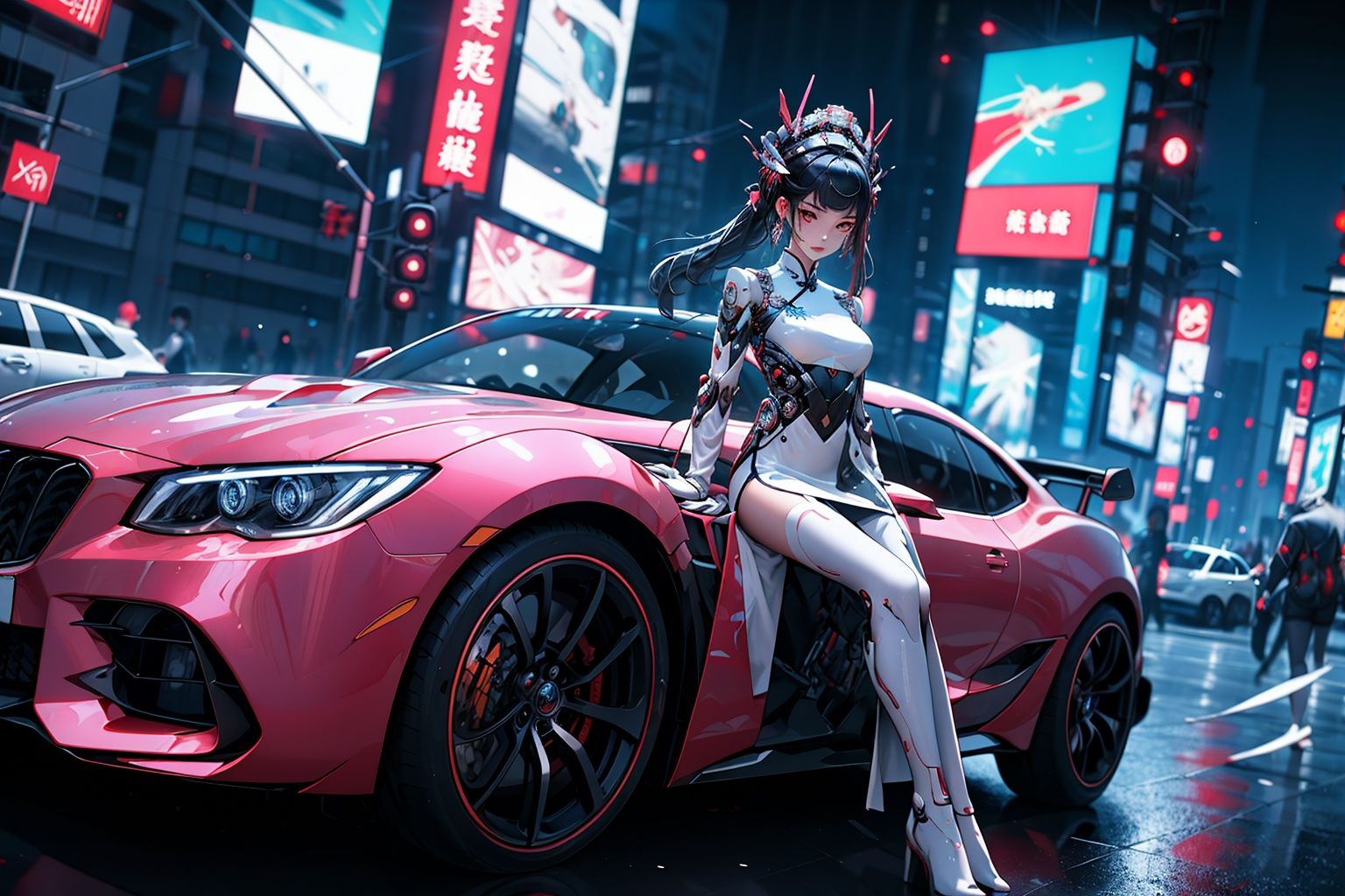 1 girl, solo, sitting on the car, a high-tech sports car, cyberhanfu, long sleeves, chinese_clothes, in pink and white, cyberpunk city, dynamic pose, Headdress, hair ornament, long hair, cyberpunk, a high-tech city, full of machinery and futuristic element, futurism, technology ，daylight<lora:cyberhanfu_20230617014620-000010:0.7> 