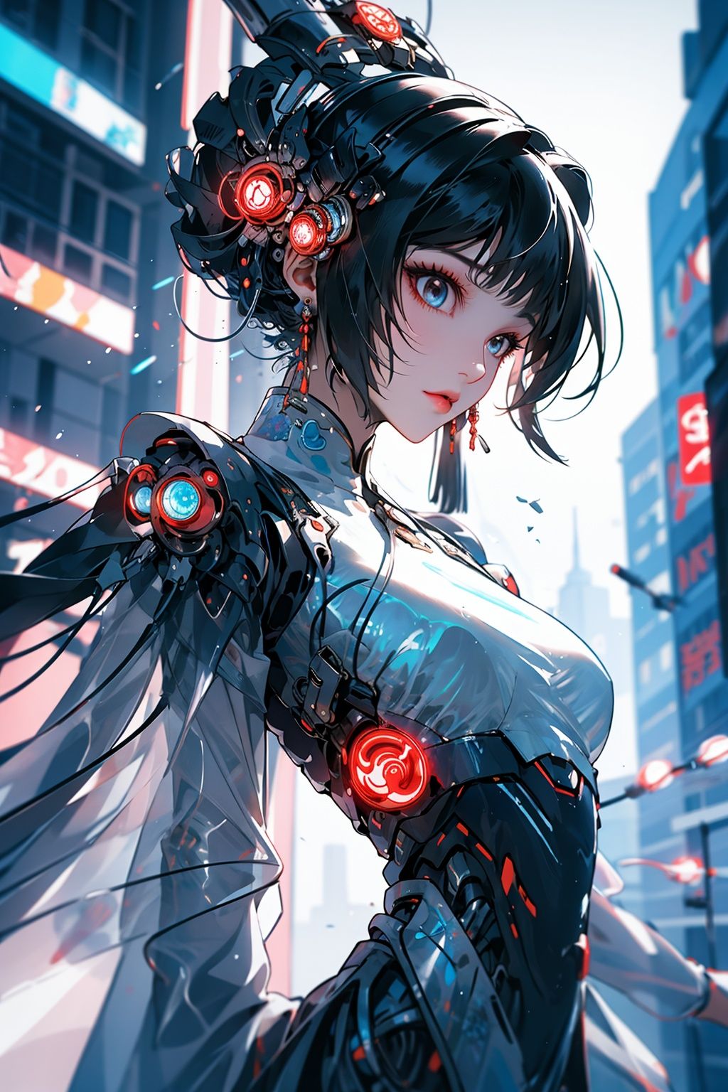 1 girl, solo,  cyberhanfu, long sleeves, chinese_clothes, cyberpunk city, dynamic pose, Headdress, hair ornament, long hair, cyberpunk, a high-tech city, full of machinery and futuristic element, futurism, technology ，<lora:cyberhanfu_20230617014620-000010:0.7>