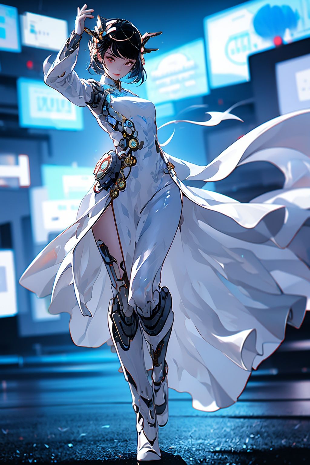 1 girl, full body,  long sleeves, chinese_clothes, in white and blue,cyberhanfu, cyberpunk city, dynamic pose, Headdress, hair ornament, long hair, cyberpunk, a high-tech city, full of machinery and futuristic element, futurism, technology <lora:cyberhanfu_20230617014620-000010:0.8> 