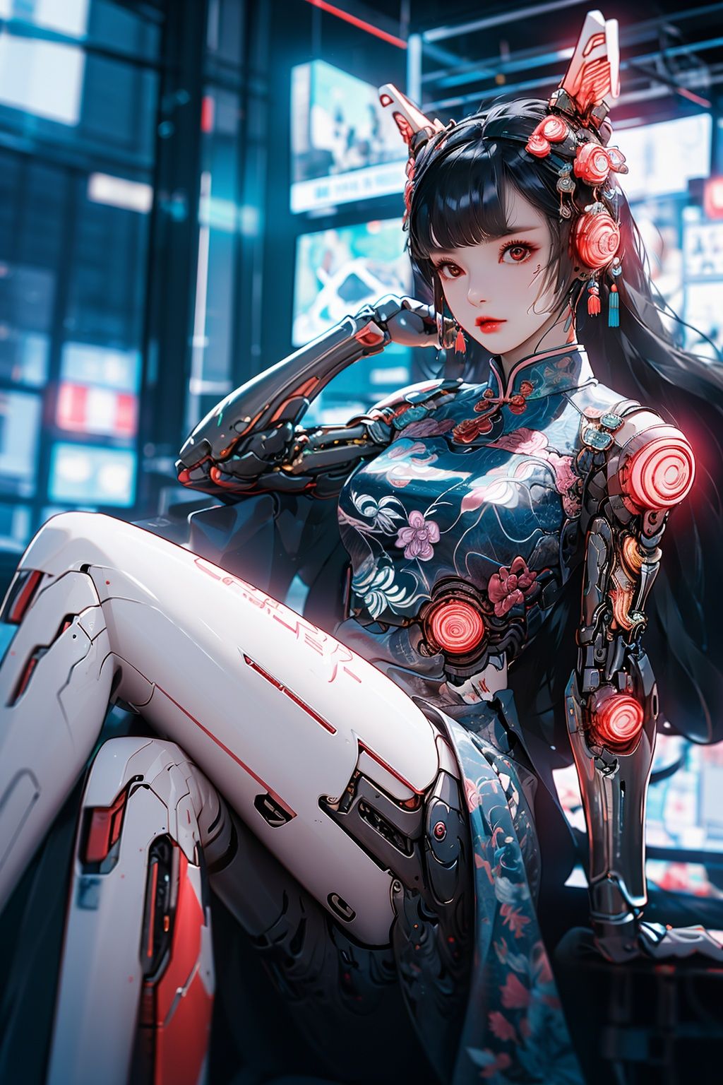 1 girl, chinese_clothes, sitting, in white and pink,cyberhanfu, Cheongsam, cyberpunk city, dynamic pose, Headdress, hair ornament, long hair, cyberpunk, a high-tech city, full of machinery and futuristic element, futurism, technology<lora:cyberhanfu_20230617014620-000010:0.8>