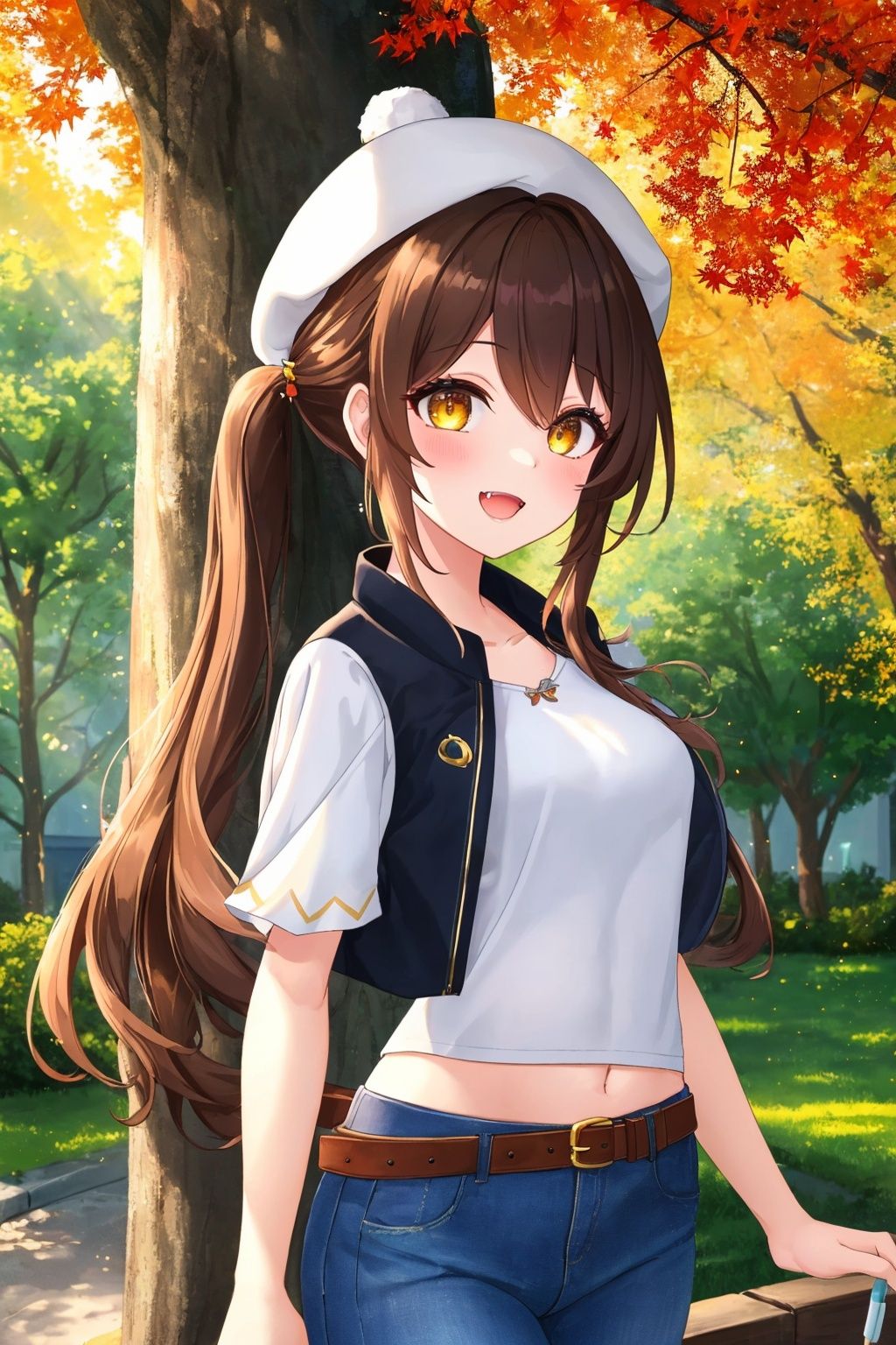  A beautiful girl with long brown hair is standing in a park surrounded by maple trees whose leaves are changing colors for fall. The girl is wearing a flowing white dress that elegantly cascades down her figure and perfectly complements the array of oranges, reds, and yellows of the maple leaves. Her dress catches the gentle breeze as she stands with one hand resting on the trunk of a tree. Her eyes are a deep brown, sparkling with a sense of wonder and admiration as she gazes upon the vibrant scenery around her. The air is crisp, and the sun's rays are shining through the trees, casting a warm light on the girl, highlighting her natural beauty. The scenery is exquisite, with the soft rustling of the leaves creating a peaceful and calming atmosphere. The girl's dress is made of a light, airy fabric that floats in the breeze, and the warm colors of the leaves create a perfect harmony with the white of her dress. The image is of the highest quality and resolution, with vivid colors and sharp focus. The style is a mix of photography and painting, with an emphasis on realism and photorealism. The color tones are warm and inviting, with a light haze that adds a touch of romanticism to the scene. The lighting is natural, with the sun shining from behind the trees, casting a soft, warm glow on the girl and the surrounding area.
best quality, high resolution, distinct image, best quality, high resolution, distinct image, Original Characters, Natural Volumetric Lighting And Best Shadows, Deep Depth Of Field, Sharp Focus, Portrait Of Stunningly Beautiful Petite Girl, Soft Delicate Beautiful Attractive Face With Alluring Yellow Eyes, Lovely Small Breasts, Sharp Eyeliner, Seductive Smiling, Open Mouth With Cute Fangs Out, Windswept Disheveled Brown Hair, Thick Layered Medium Twintail Hairstyles, Blush Eyeshadow With Thick Eyelashes, Parted Lips, Applejack Hat, Oversized Pop-Art Jacket, Slim Waist With Open Cute Navel, Denim Jeans Pants With Buckle Belt, (Messy Painted Body:1.05), (Holding Spray Paint Can:1.1), (Graffiti Murals Wall Background:1.15), (Standing On Narrow City Streets Crossword:1.2), (Highest Quality, Amazing Details:1.4), Masterpiece, Bloom, Picturesque, Brilliant Colorful Paintings
