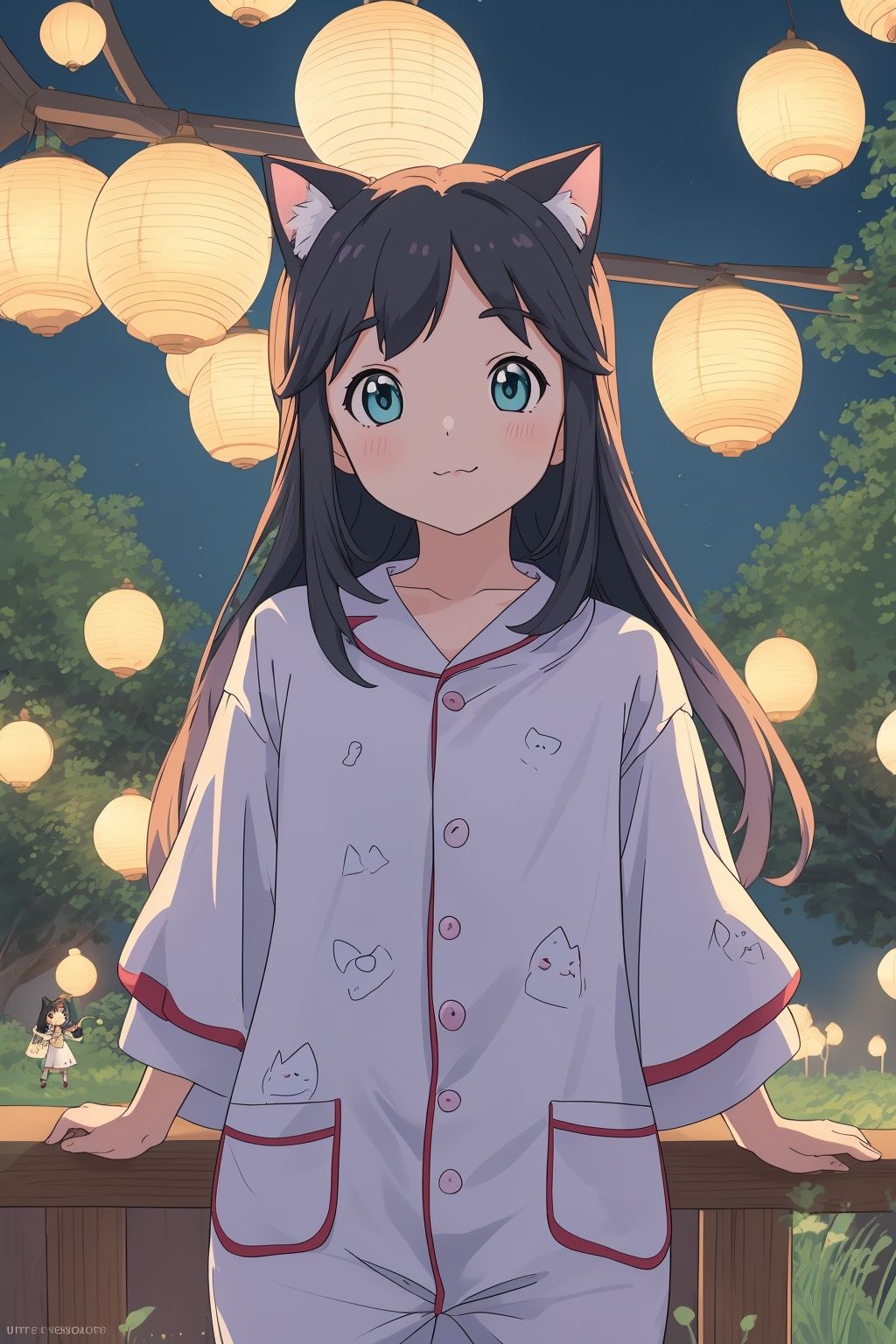  demon and angel,
A girl wearing a charming cat-themed onesie pajama in the style reminiscent of Studio Ghibli. The girl exudes a sense of innocence and wonder, with bright and expressive eyes that captivate the viewer. Her sleepwear is beautifully illustrated with intricate patterns and delicate details, showcasing the attention to aesthetics and craftsmanship characteristic of Ghibli films. The overall composition of the scene reflects the enchanting and whimsical atmosphere commonly found in Studio Ghibli animations. The girl is surrounded by a serene and magical setting, with lush nature elements, softly glowing lanterns, and a gentle breeze that adds movement to her hair and the surrounding scenery. The color palette is rich and vibrant, with a mix of warm and cool tones that create a harmonious and inviting ambiance. (best quality, highres, ultra-detailed:1.2), soft and warm lighting, Ghibli-inspired art style, intricate patterns and details, magical and serene atmosphere, expressive and captivating eyes.

Negative Prompt:
nsfw, (low quality, normal quality, worst quality, jpeg artifacts), cropped, monochrome, lowres, low saturation, (watermark), (white letters), inappropriate poses, excessive fanservice, unnatural proportions, poor character design, harsh lighting, cluttered background, busy patterns, dull color palette.