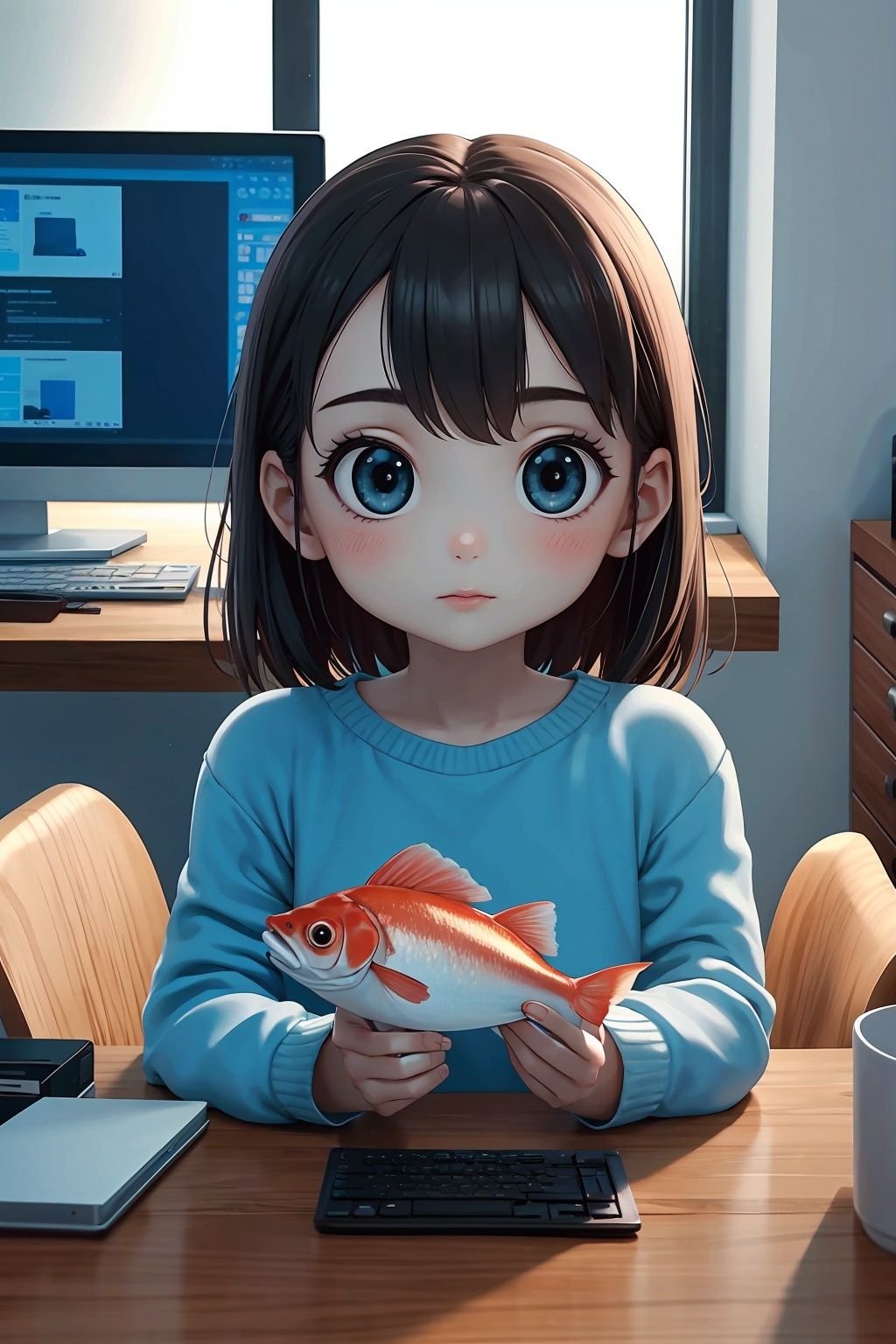  A girl, Office, Computer desk, Sit in front of the computer, Watch the drama, Holding a fish in his hand, UHD, anatomically correct, textured skin, high details, best quality, HD, 16k