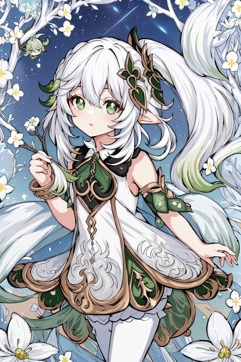 High quality, ultra detail, ((Nahida, genshin impact,Green eyes,Nahida's character costume)),(watercolor medium:1.1), (ukiyoe style:1.21), (masterpiece:1.4641), (best quality:1.331), (illustration:1.1), (1girl:1.5), (solo:1.5), (an extremely delicate and beautiful:1.21), cute,looking at viewer,Medium lens,(She Hold the branches with small white flowers:1.23),(white background:1.3), (night sky with stars:1.2), (Sophora:1.2), (drooping branches with white flowers),(beautiful long white hair),(very long white hair),small breasts,(black pleated skirt:1.25),((white hair)),(collared shirt),(white stocking),collarbone,[delicate hands:0.8], 