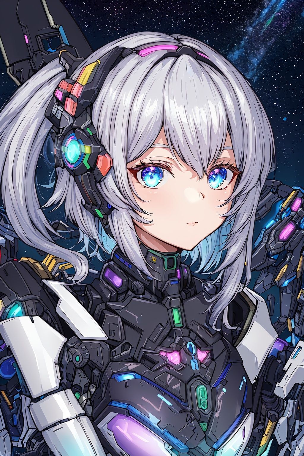 best quality,extremely detailed,detailed background,anime,a young beautiful girl,very long rainbow hair,(close shot),extremely detailed face,an extremely delicate and beautiful mecha girl,extremely detailed eyes,(floating silver grey hair),(Iridescence and rainbow hair),(gradient color mecha clothes),(black and blue and purple mecha clothes),Iridescence and rainbow mecha,（bodysuit：0.8）,(cyberpunk),((scifi)),((sci-fi)),night,space,horizon,beautiful detailed starry sky,top of the city,(dynamic posture),solo focus,close up,depth of field,bokeh,cinematic lighting,atmospheric lighting,science fiction,close up shot,close-up photo,(close to the camera),close to the lens,(close to the viewer)