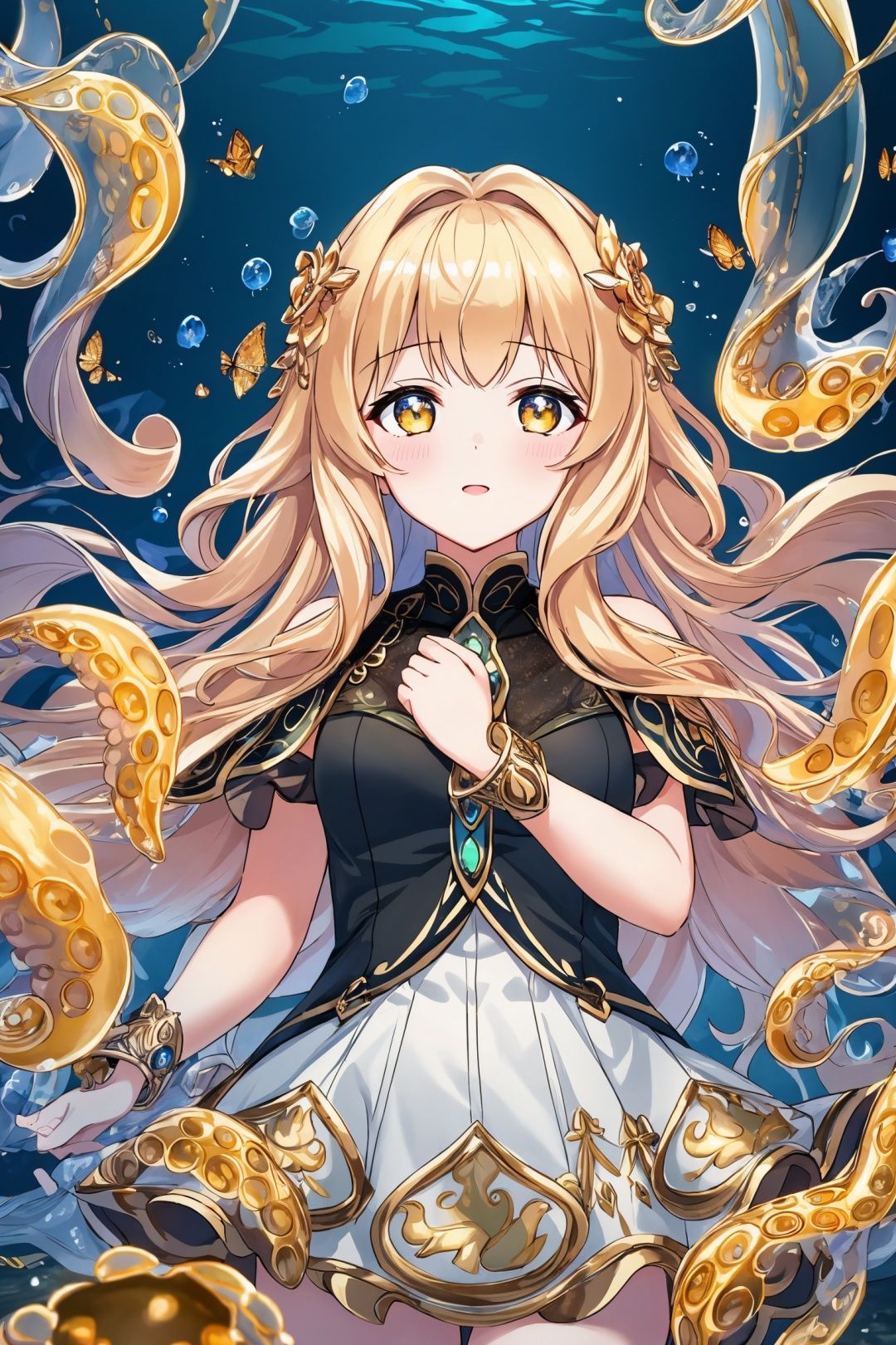  best quality,Amazing,Beautiful golden eyes,finely detail,Depth of field,extremely detailed CG unity 8k wallpaper,(1 girl :1.5),Deep sea background,jellyfish,masterpiece,fluttered detailed splashs, beautiful detailed water,cosmic eyes,Shock sensation,(realistic :0.5),octopus,original, 

