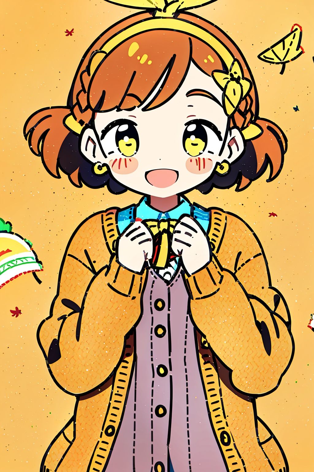 GOJIO,1girl, brown hair, yellow background, solo, dress, brown eyes, smile, earrings, braid, long sleeves, jewelry, simple background, cardigan, open mouth, looking at viewer, ribbon, hair ribbon, cable knit, leaf, yellow dress, sweater, blush, hair rings, yellow theme, aran sweater, print dress