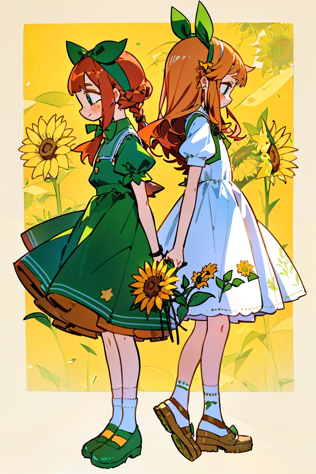 GOJIO,multiple girls, 2girls, flower, blonde hair, long hair, short sleeves, dress, sunflower, yellow background, socks, shoes, brown footwear, bow, red hair, holding, hairband, ribbon, yellow flower, plant, green bow, simple background, profile, green dress, puffy sleeves, flower pot, smile, potted plant, mary janes, full body, white shirt, blush, standing, shirt, green hairband, hair ribbon, puffy short sleeves, arms behind back, green ribbon, bouquet, freckles, hair bow, bowtie, holding flower, orange hair, looking at another, bangs, half updo, braid, white socks, pleated dress