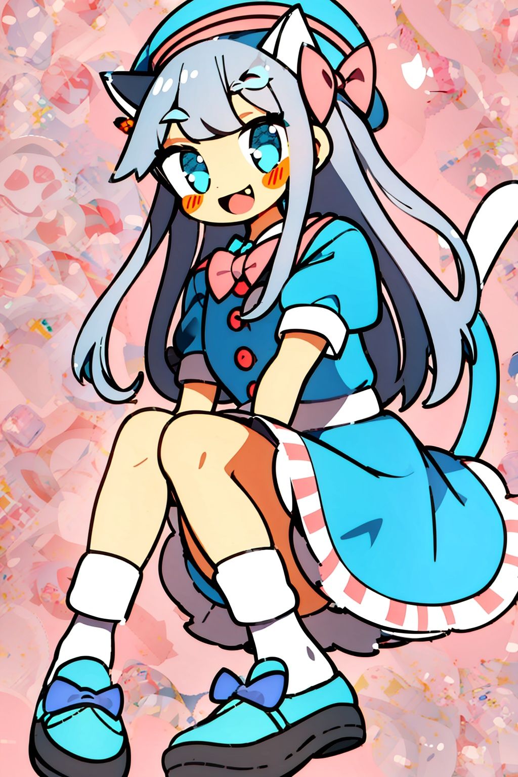 GOJIO,1girl, animal ears, cat ears, tail, bow, dress, hat, cat tail, blue footwear, grey hair, pink background, socks, cat, open mouth, puffy sleeves, short sleeves, plaid, puffy short sleeves, simple background, smile, full body, cat girl, shoes, white headwear, solo, white bow, bowtie, bloomers, long hair, plaid dress, animal, white socks, cleavage, bangs, underwear, blue dress, looking at viewer, :d, fang, breasts, blue eyes, blue bow, beret, blush, sitting, bobby socks, ribbon, mary janes, hat bow