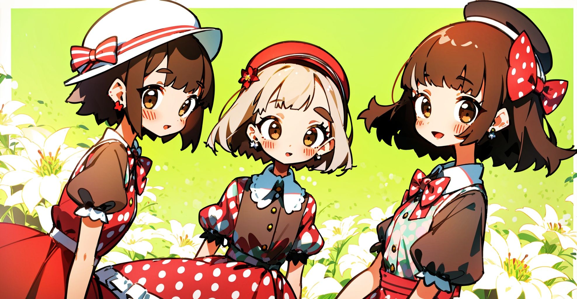 dress, earrings, puffy sleeves, short sleeves, multiple girls, jewelry, flower, hat, brown eyes, 3girls, polka dot, white hair, puffy short sleeves, polka dot dress, bow, short hair, brown hair, bangs, looking at viewer, smile, bob cut, red dress, flower earrings, white flower, striped dress, white bow, striped, blunt bangs, open mouth, blush, bowtie, beret, red headwear, collared dress, green background, brown dress, upper body, vertical-striped dress, floral background, vertical stripes, makeup, brown headwear, parted lips, white dress, red flower, red lips, lipstick,girl