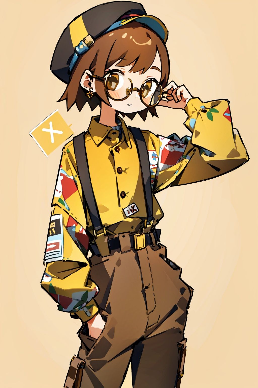 solo, brown hair, shirt, glasses, cowboy shot, jacket, pants, short hair, earrings, simple background, hand in pocket, suspenders, long sleeves, hat, jewelry, brown eyes, 1girl, holding, brown pants, food, round eyewear, holding food, yellow background, hand up, belt, print shirt, collared shirt, brown headwear,girl
