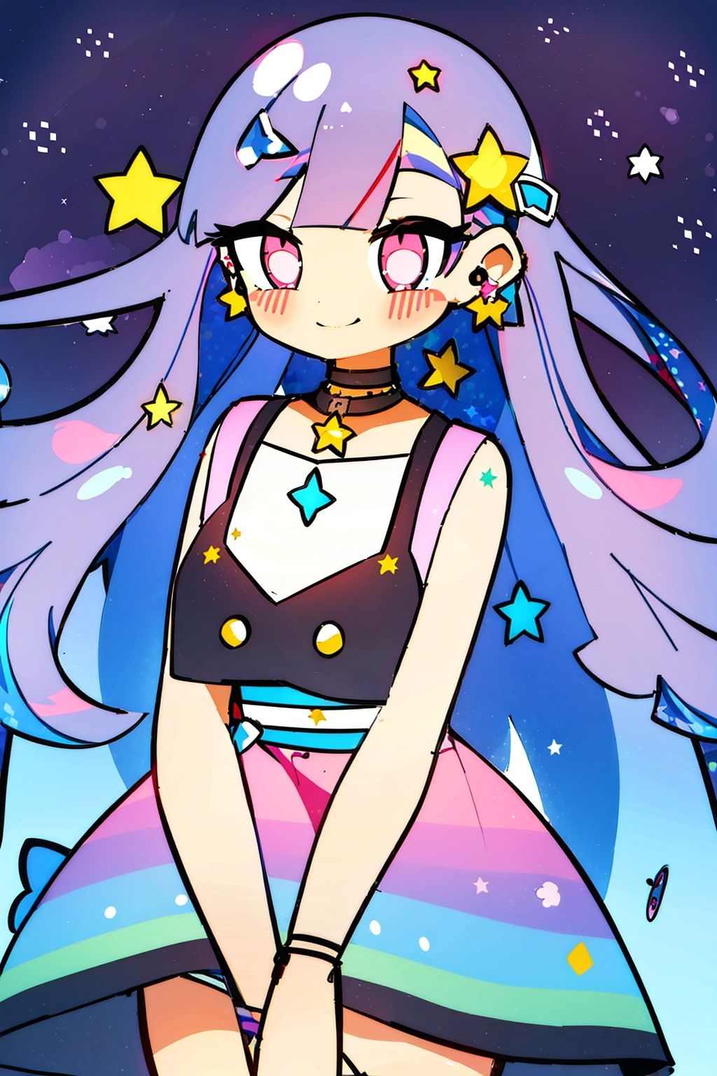 1girl, solo, dress, long hair, multicolored hair, gradient hair, purple hair, smile, black background, star (symbol), blue hair, earrings, fish, simple background, jewelry, braid, pink eyes, looking at viewer, cleavage, choker, breasts, blush, very long hair, white dress, bangs, sleeveless