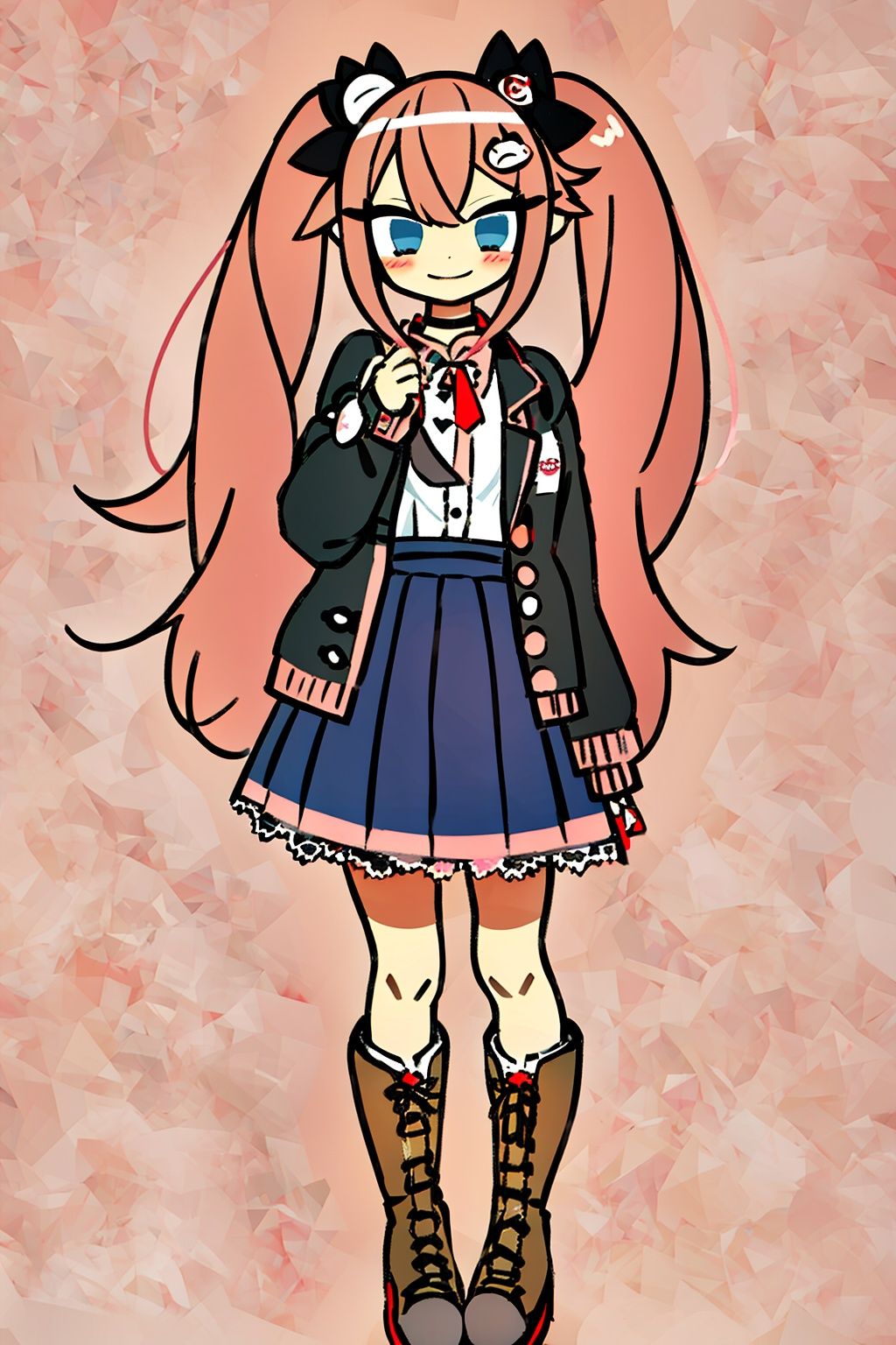 GOJIO,1girl, enoshima junko, long hair, skirt, boots, twintails, hair ornament, bear hair ornament, necktie, smile, blue eyes, pink background, black footwear, cleavage, bow, monokuma, breasts, red skirt, cross-laced footwear, simple background, bangs, choker, full body, plaid skirt, miniskirt, pleated skirt, lace-up boots, white necktie, solo, plaid, stuffed toy, shirt, looking at viewer, nail polish, pink hair, grin, black choker, black necktie, stuffed animal, hand on own face, red bow, knee boots, black shirt, holding
