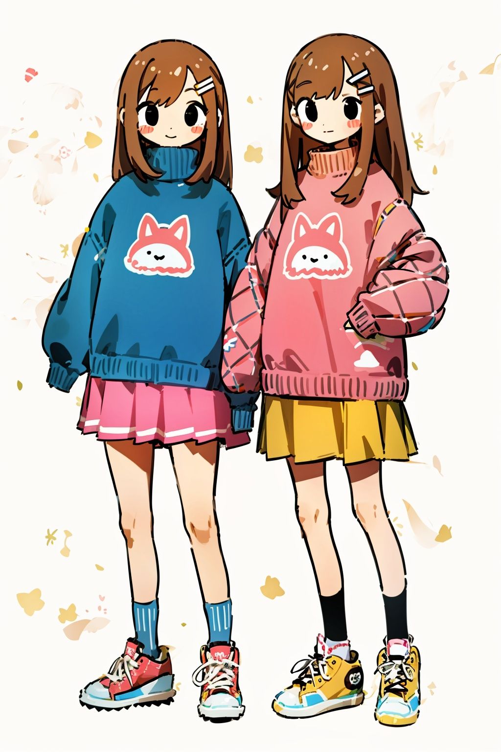 2girls, brown hair, sweater, socks, shoes, skirt, blue sweater, sleeves past wrists, white background, long sleeves, short hair, long hair, hair ornament, simple background, blush stickers, sneakers, yellow footwear, pink skirt, full body, black eyes, smile, standing, bangs, animal print, blush, looking at viewer, closed mouth, blue footwear, 
,girl