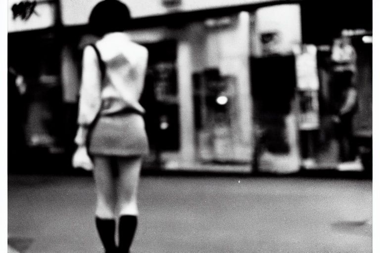 moriyama photo, a fasion japanese girl, walking, from side view, tokyo street <lora:moriyama:1> 