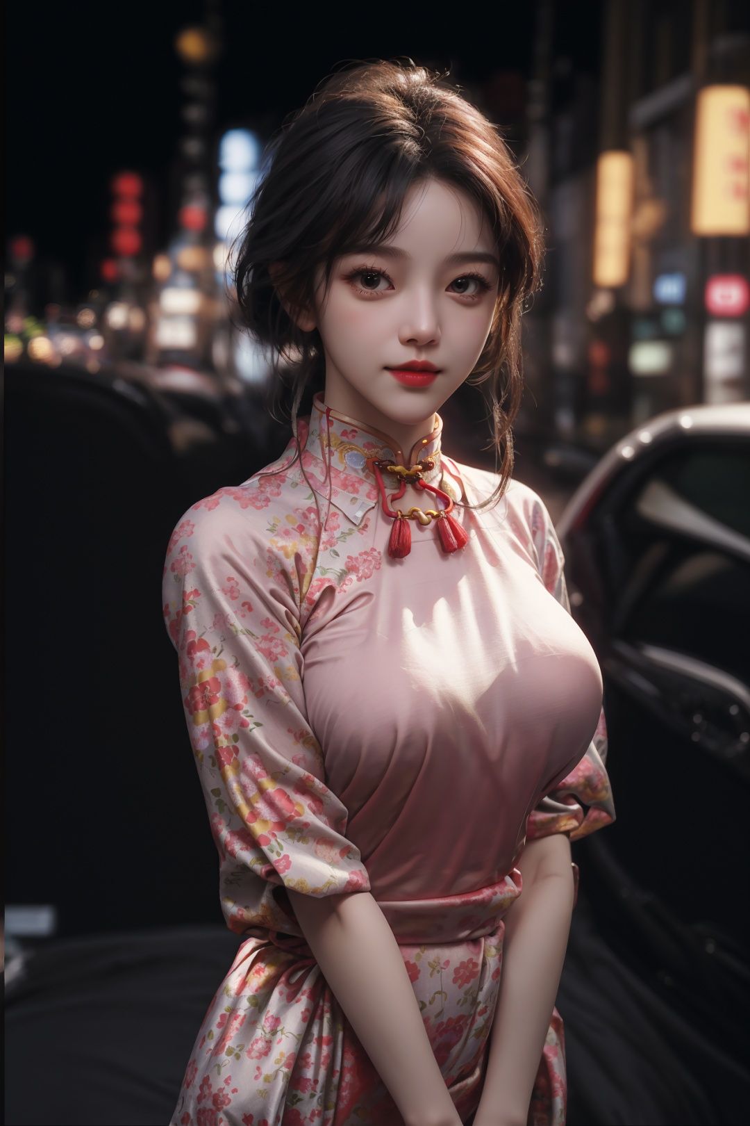 1girl,happy,tokyo street,city lights,close-up,8k,raw photo,best quality,masterpiece,realistic,photo-realistic,(large breasts:1.3),lips,solo,highly detailed,<lora:llfchenxiaoyun:0.5>,majestic,digital photography,(Upper body above waist:1.5),(cheongsam:1.2),