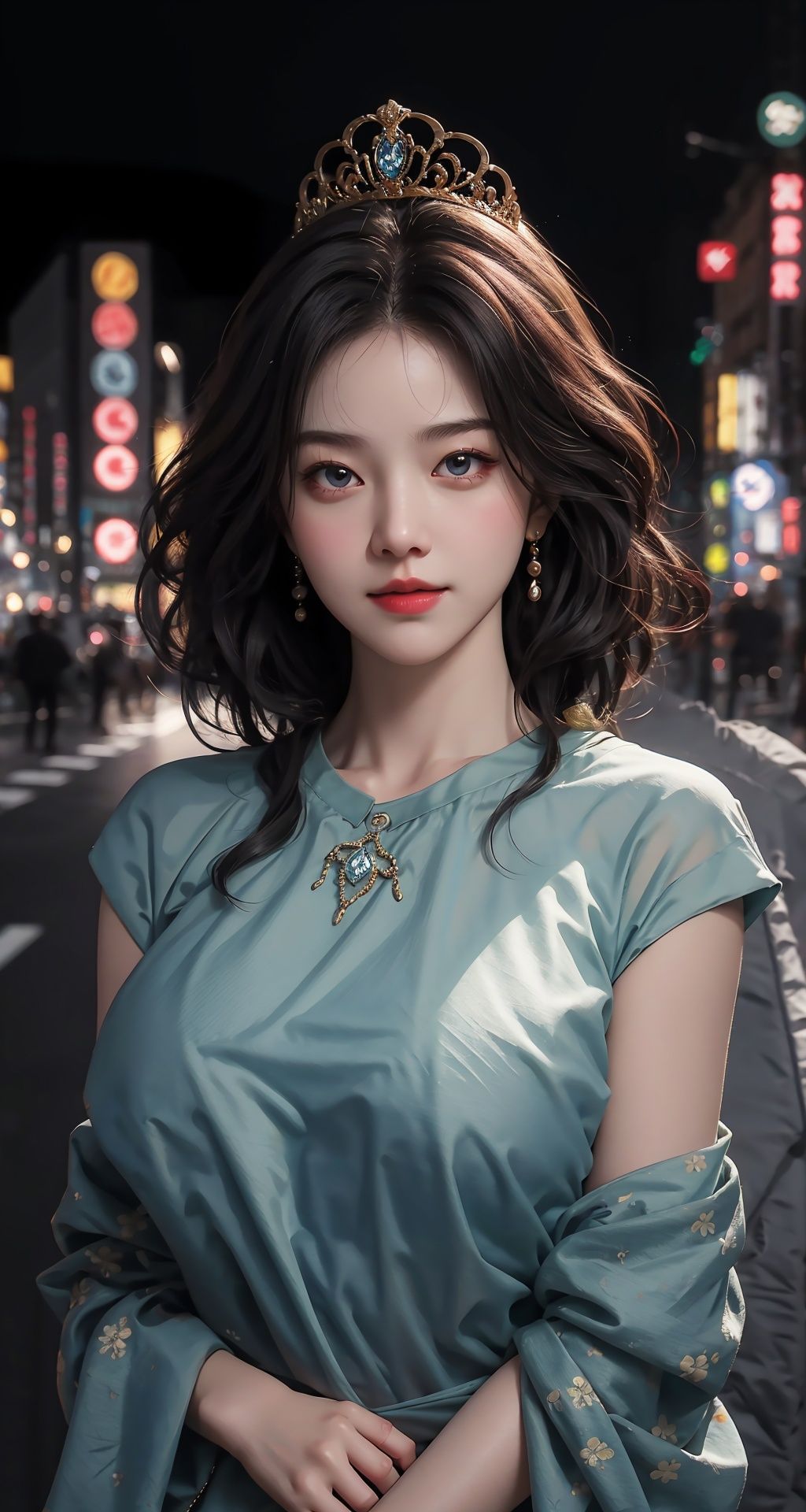 1girl,happy,tokyo street,city lights,flexing,close-up,8k,raw photo,best quality,masterpiece,realistic,photo-realistic,(large breasts:1.3),lips,solo,elegant,highly detailed,<lora:llfchenxiaoyun:0.5>,majestic,digital photography,detailed eyes,tiara,(Upper body above waist:1.5),