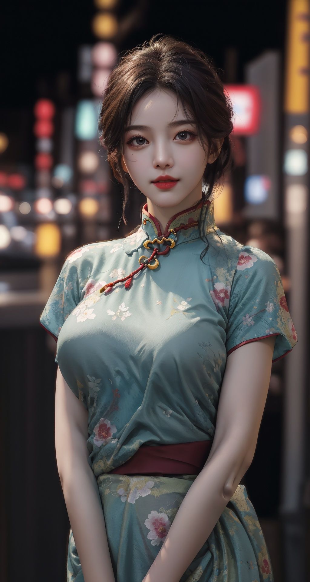 1girl,happy,tokyo street,city lights,flexing,close-up,8k,raw photo,best quality,masterpiece,realistic,photo-realistic,(large breasts:1.3),lips,solo,elegant,highly detailed,<lora:llfchenxiaoyun:0.5>,majestic,digital photography,detailed eyes,(Upper body above waist:1.5),(cheongsam:1.2),