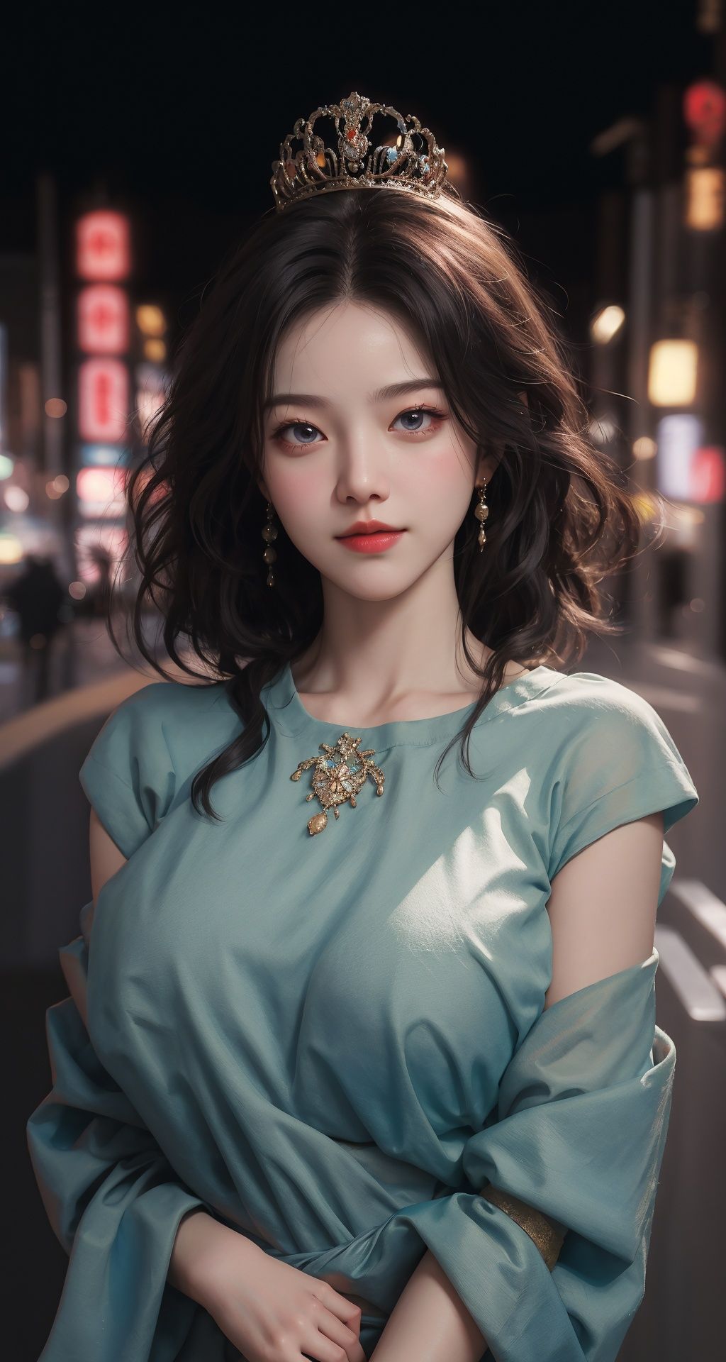 1girl,happy,tokyo street,city lights,flexing,close-up,8k,raw photo,best quality,masterpiece,realistic,photo-realistic,(large breasts:1.3),lips,solo,elegant,highly detailed,<lora:llfchenxiaoyun:0.5>,majestic,digital photography,detailed eyes,tiara,(Upper body above waist:1.5),
