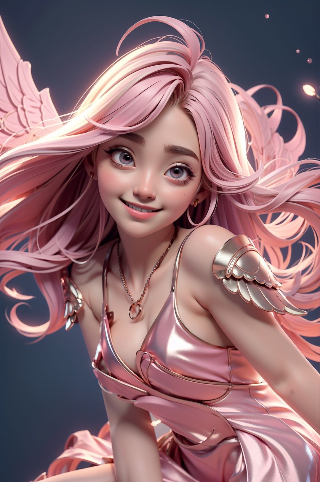 ((best quality,high quality,masterpiece)),(best quality:1.2),Metal_wing,An 18-year-old girl floating in the air,Smile,Height one meter eight,solo,(Close-up:1.2),blue wings,(Pink Gold Dress:1.2),Long hair drifting,(glowing:1.15),light_particles,Flowers Wall Background,soft and bright lighting,,<lora:Metal_wing:0.8>,<lora:disney:0.6>,<lora:Niji:0.2>,<lora:3DMM_V10:0.4>,