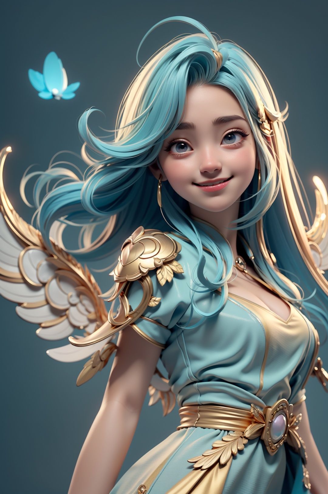 ((best quality,high quality,masterpiece)),(best quality:1.2),Metal_wing,An 18-year-old girl floating in the air,Smile,Height one meter eight,solo,(Close-up:1.2),blue wings,(Cyan Gold Dress:1.2),Long hair drifting,(glowing:1.15),light_particles,Flowers Wall Background,soft and bright lighting,,<lora:Metal_wing:0.8>,<lora:disney:0.6>,<lora:Niji:0.2>,<lora:3DMM_V10:0.4>,