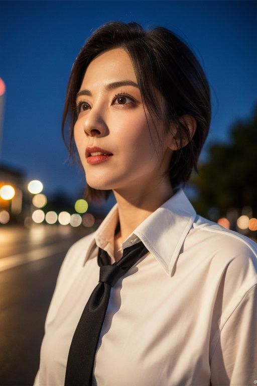 zenli, (8k, RAW photo, best quality, masterpiece:1.2), (realistic, photo-realistic:1.37), ultra-detailed,1 girl,cute, solo,beautiful detailed sky,detailed tokyo street,night, beautiful detailed eyes,(collared shirt:1.1),(short hair:1.2),floating hair