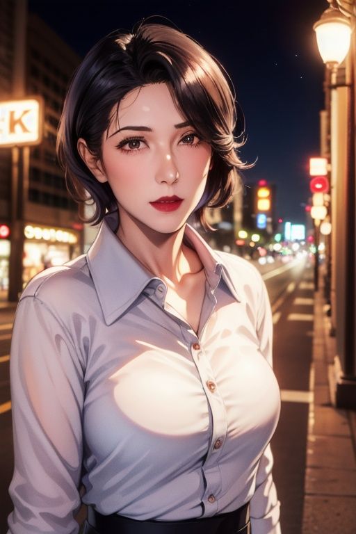 zenli, (8k, RAW photo, best quality, masterpiece:1.2), (realistic, photo-realistic:1.37), ultra-detailed,1 girl,cute, solo,beautiful detailed sky,detailed tokyo street,night, beautiful detailed eyes,(collared shirt:1.1),(short hair:1.2),floating hair