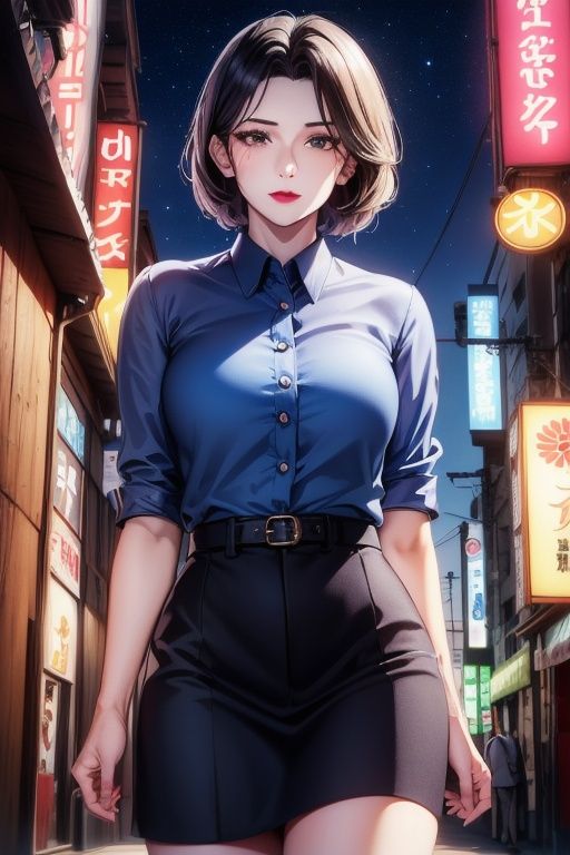 (8k, RAW photo, best quality, masterpiece:1.2), ultra-detailed,1 girl,cute, solo,beautiful detailed sky,detailed tokyo street,night, beautiful detailed eyes,(collared shirt:1.1),(short hair:1.2),floating hair