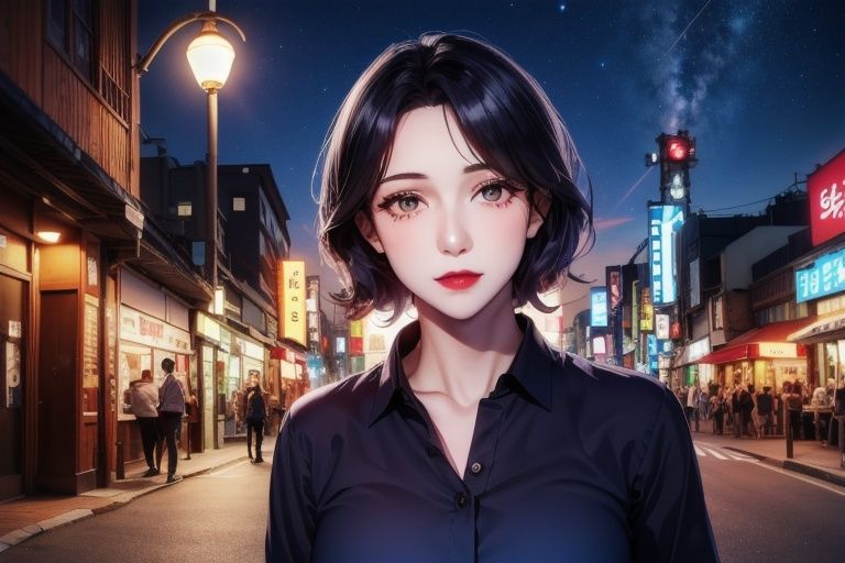 (8k, RAW photo, best quality, masterpiece:1.2), ultra-detailed,1 girl,cute, solo,beautiful detailed sky,detailed tokyo street,night, beautiful detailed eyes,(collared shirt:1.1),(short hair:1.2),floating hair