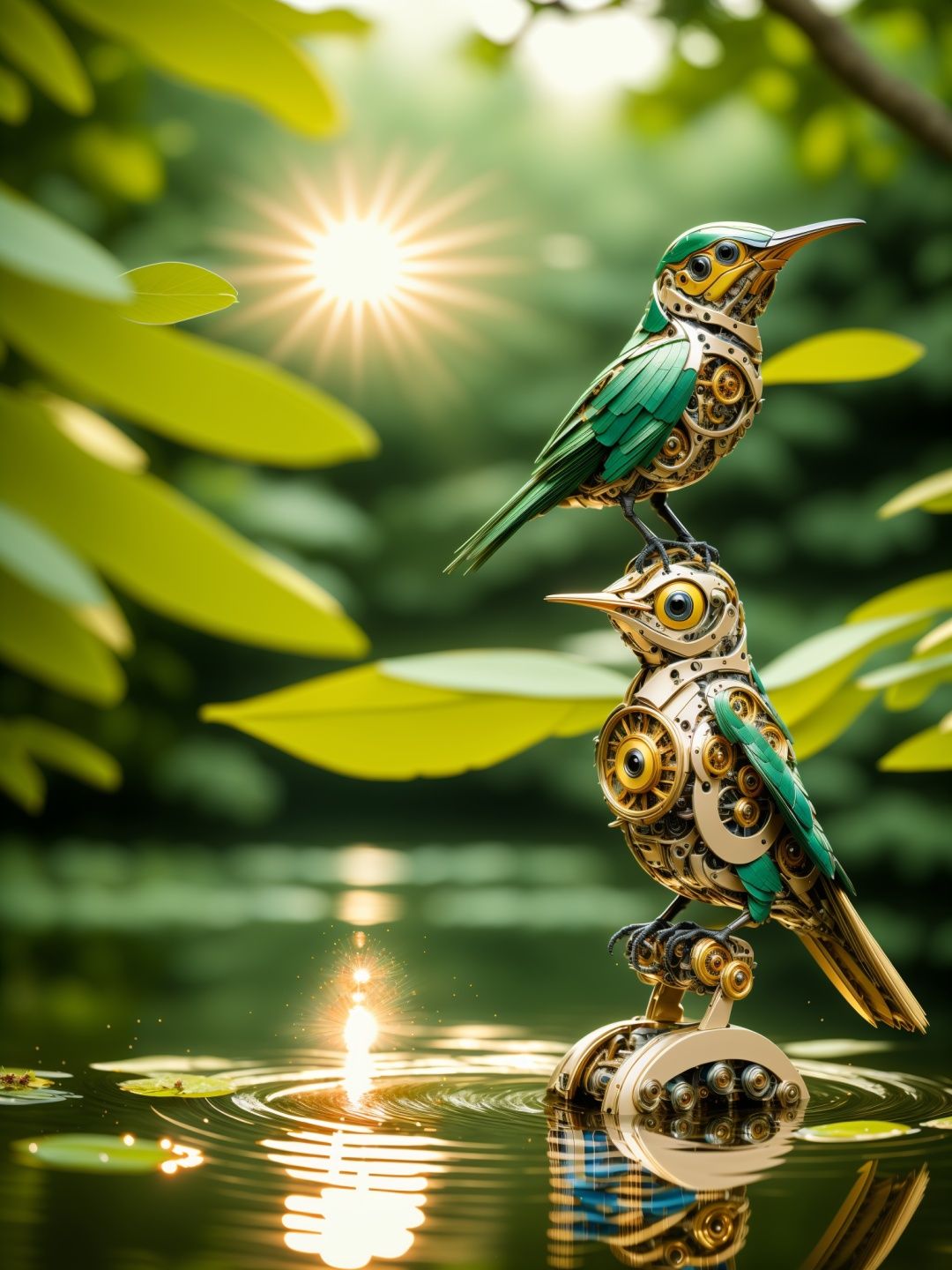 ((masterpiece)), ((best quality)), 8k, high detailed, ultra-detailed, A mechanical bird, harmoniously integrated into the beauty of nature, capturing the balance between technology and the environment, mechanical bird, ((nature)), ((harmonious integration)), ((technology and environment balance)),  gear mechanisms, perched on tree branch, fluttering leaves, sun rays through canopy, reflection in a pond.<lora:MechanicalBird:0.8>