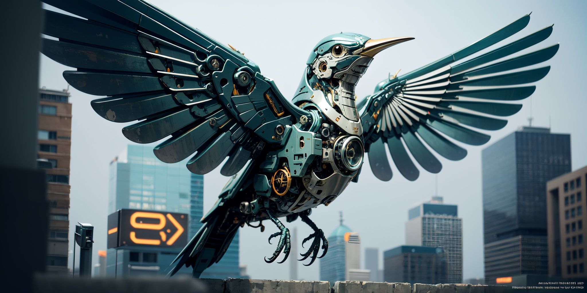 Mechanical Bird,hyper realistic,metal,professional photo, science fiction, sci-fi scenario, (night), natural light, cyberpunk, futuristic city, cyberpunk city, neon signs, highly detailed, (highly detailed background), multiple buildings in the background, detailed textures, wide angle, 8k, HDR, professional photoshoot, high quality photo, realistic photo, realistic shadows, detailed shadows, realistic proportions,film grain, raw photo,(front),  <lora:MechanicalBird:0.7>