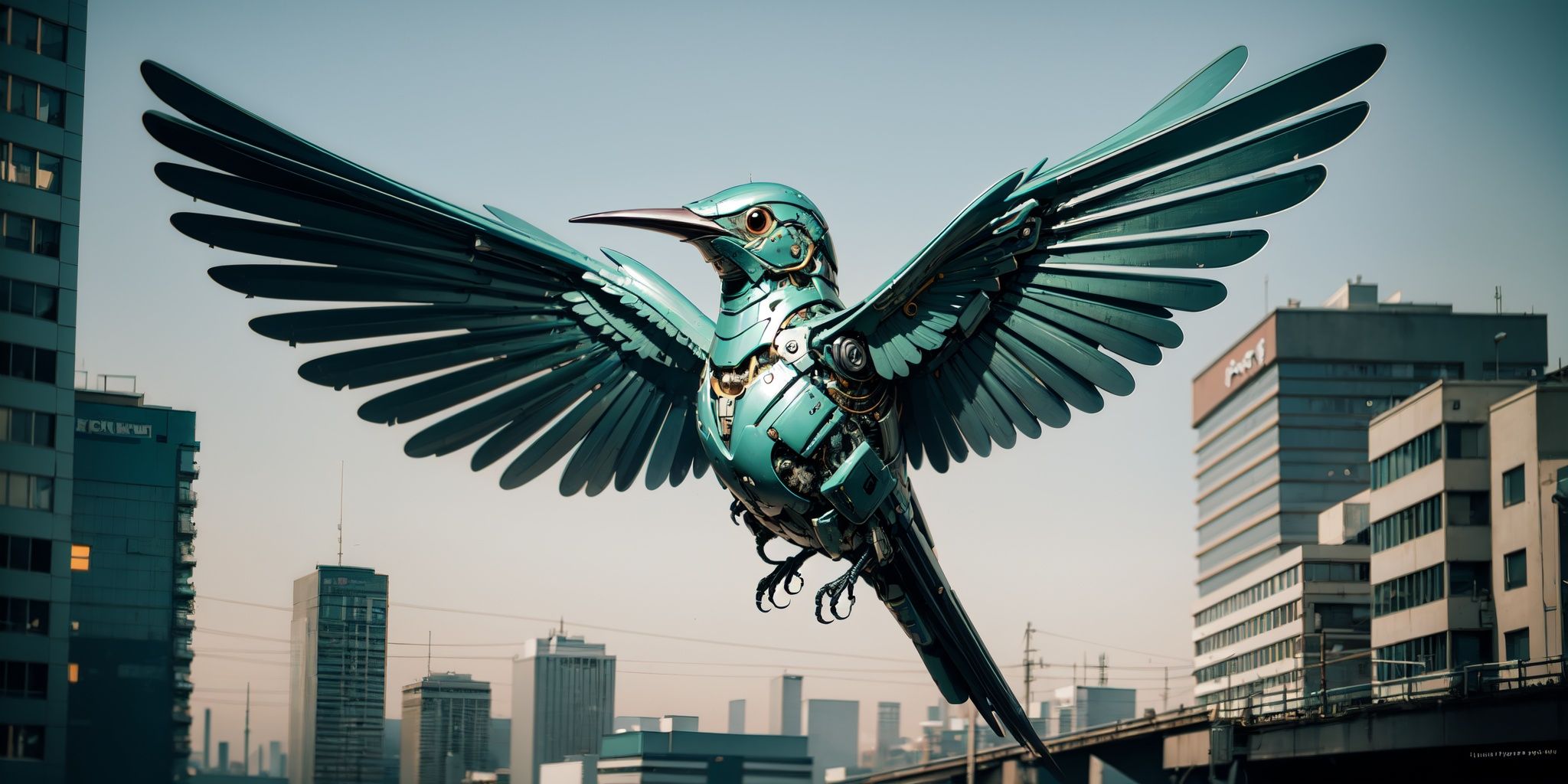 Mechanical Bird,hyper realistic,metal,professional photo, science fiction, sci-fi scenario, (night), natural light, cyberpunk, futuristic city, cyberpunk city, neon signs, highly detailed, (highly detailed background), multiple buildings in the background, detailed textures, wide angle, 8k, HDR, professional photoshoot, high quality photo, realistic photo, realistic shadows, detailed shadows, realistic proportions,film grain, raw photo,(front),  <lora:MechanicalBird:0.7>