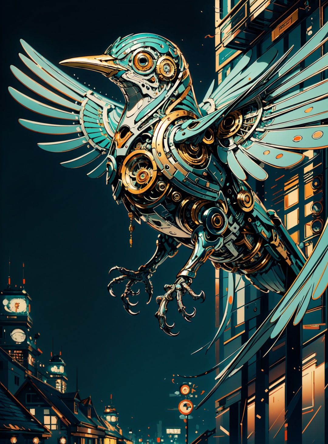 ((masterpiece)), ((best quality)), 8k, high detailed, ultra-detailed, An illustrative depiction of a mechanical bird, marked by strong, vibrant colors that create a visually striking image, mechanical bird, ((illustration)), ((vibrant colors)), ((visually striking)), metallic sheen, colorful plumage, bold skyline, abstract flora, light reflections, contrasting shadows.  <lora:MechanicalBird:0.7>