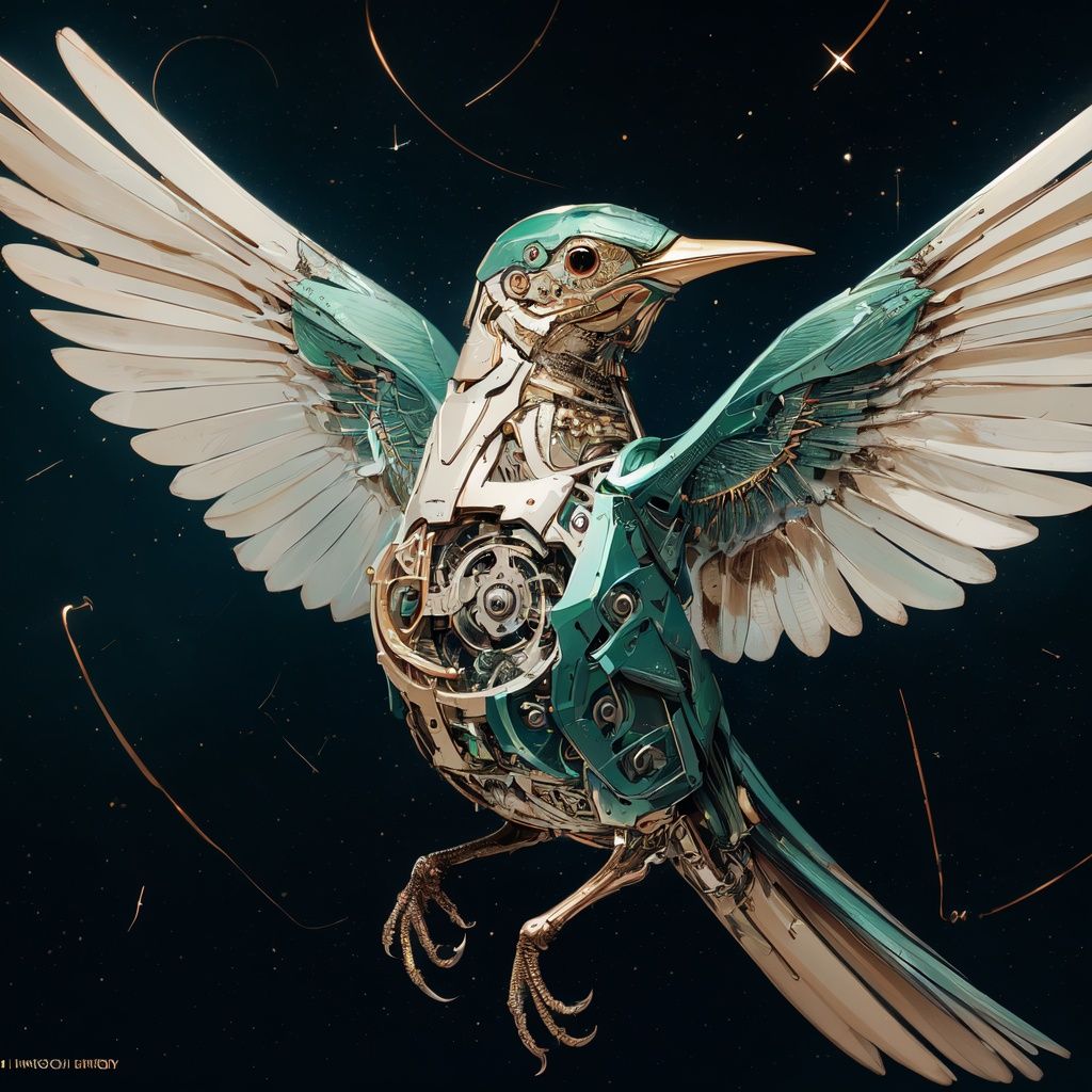 Mechanical Bird, (night sky:1.5),flying,((ultra realistic details)),  global_illumination, shadows, octane_render, 8k, ultra_sharp, metal, ornaments_detailed,  cold_colors,  highly_intricate_details, realistic_light, trending_on_cgsociety, glowing_eyes, neon_details, machanical_limbs, blood_vessels_connected_to_tubes, <lora:MechanicalBird:0.7>