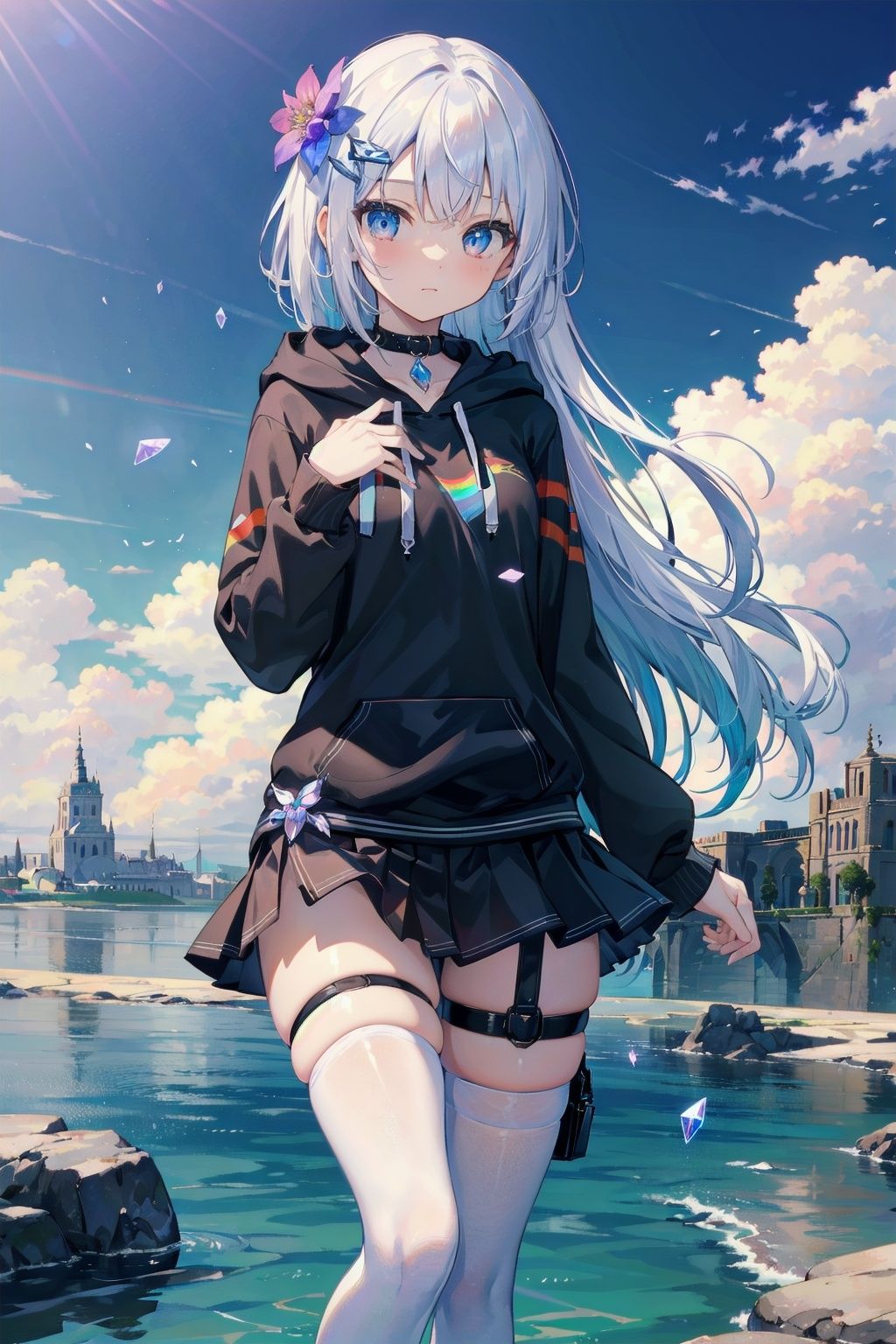 (masterpiece), ((best quality)), (ultra-detailed), (an extremely delicate and beautiful),extremely detailed CG unity 8k wallpaper,detailed background,(by exquisite colors block),depthoffield,(Medium shot),(1girl:1.4),(solo:1.2),young girl,(small breasts,platinum_hair,parted bangs,long hair),beautiful detailed eyes,(eyeshadow),(rainbow gradient eye:1.2),hair clip,(thigh strap),(hair flower),(collar),(white thighhighs:1.3),(skirt),(black hoodie:1.25),(thigh strap),(hair flower),(collar),Standing,(rainbow crystal:1.2),blue sky with clouds,beautiful detailed sky,ray tracing,reflection light,