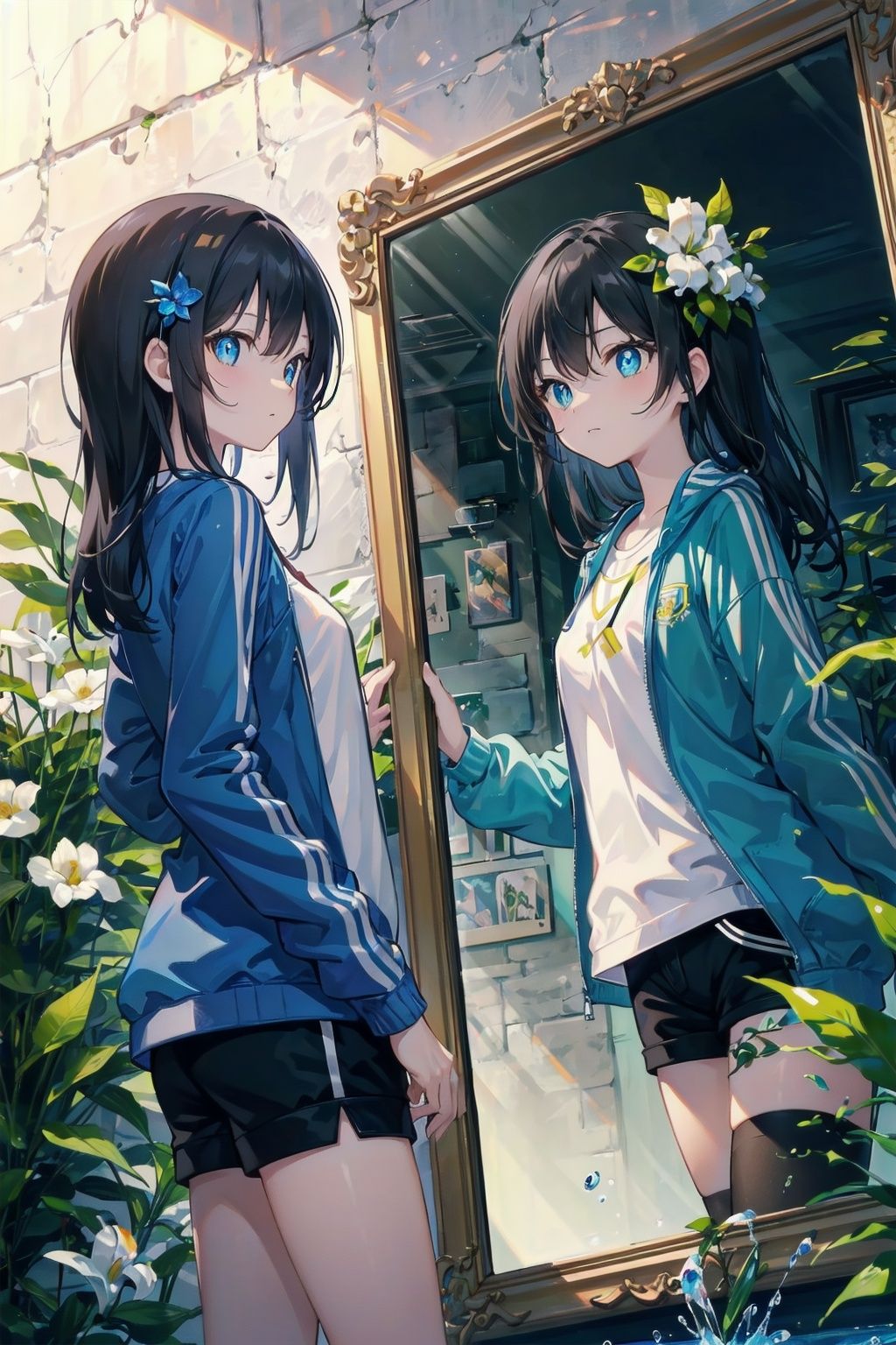 (Game CG, illustration, highest picture quality, masterpiece, high-definition: 2), (delicate background, gorgeous background: 1.9), (a girl, solo, long black hair, standing posture, hidden hands, eyes with gradual changes in water, bright pupils: 1.8), (windbreaker, shorts, white knee socks, hair flowers, color difference: 1.5), close-up of upper body, incredible absurdity, gilded frame, (Dynamic angle, movie light, reflected light, ray tracing: 1.5)