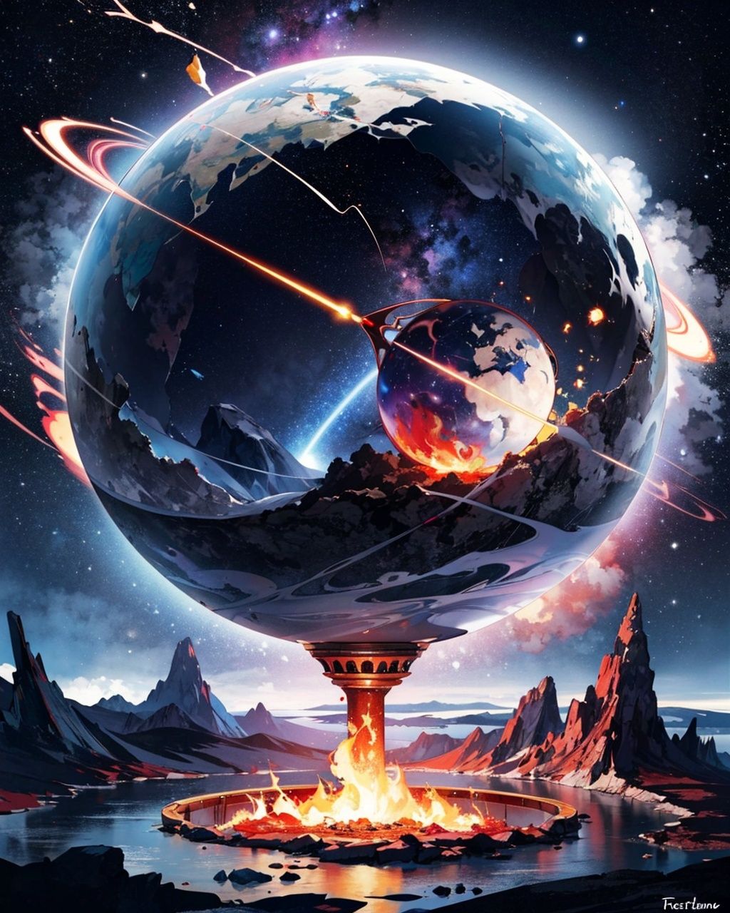 masterpiece, best quality, celestial globe, no humans, planet, wheel, ring, black hole, orb, floating object, whater, ice, fire, lightning, molten rock, waterfall, volcano, nature, bioluminescence, dragon, galaxy, starry sky, cloud, gradient background, <lora:PlanetDesignerV1[celestial_globe]:0.8>