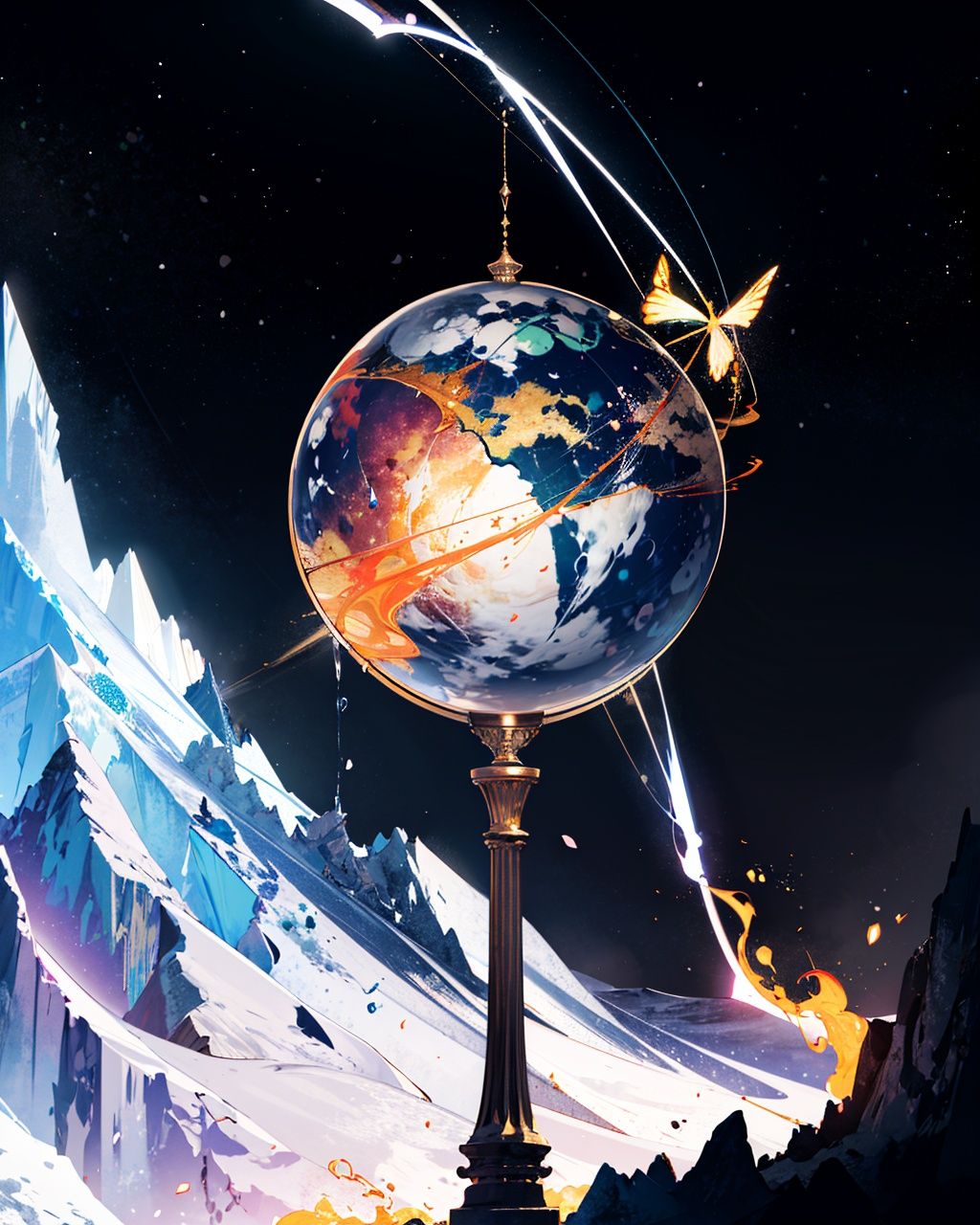 masterpiece, best quality, celestial globe, no humans, planet, celestial globe,((black background)),cherry blossoms,, whater, ice, fire, lightning, molten rock, waterfall, volcano, nature, bioluminescence, dragon, galaxy, starry sky, cloud, gradient background, <lora:PlanetDesignerV1[celestial_globe]:0.8>