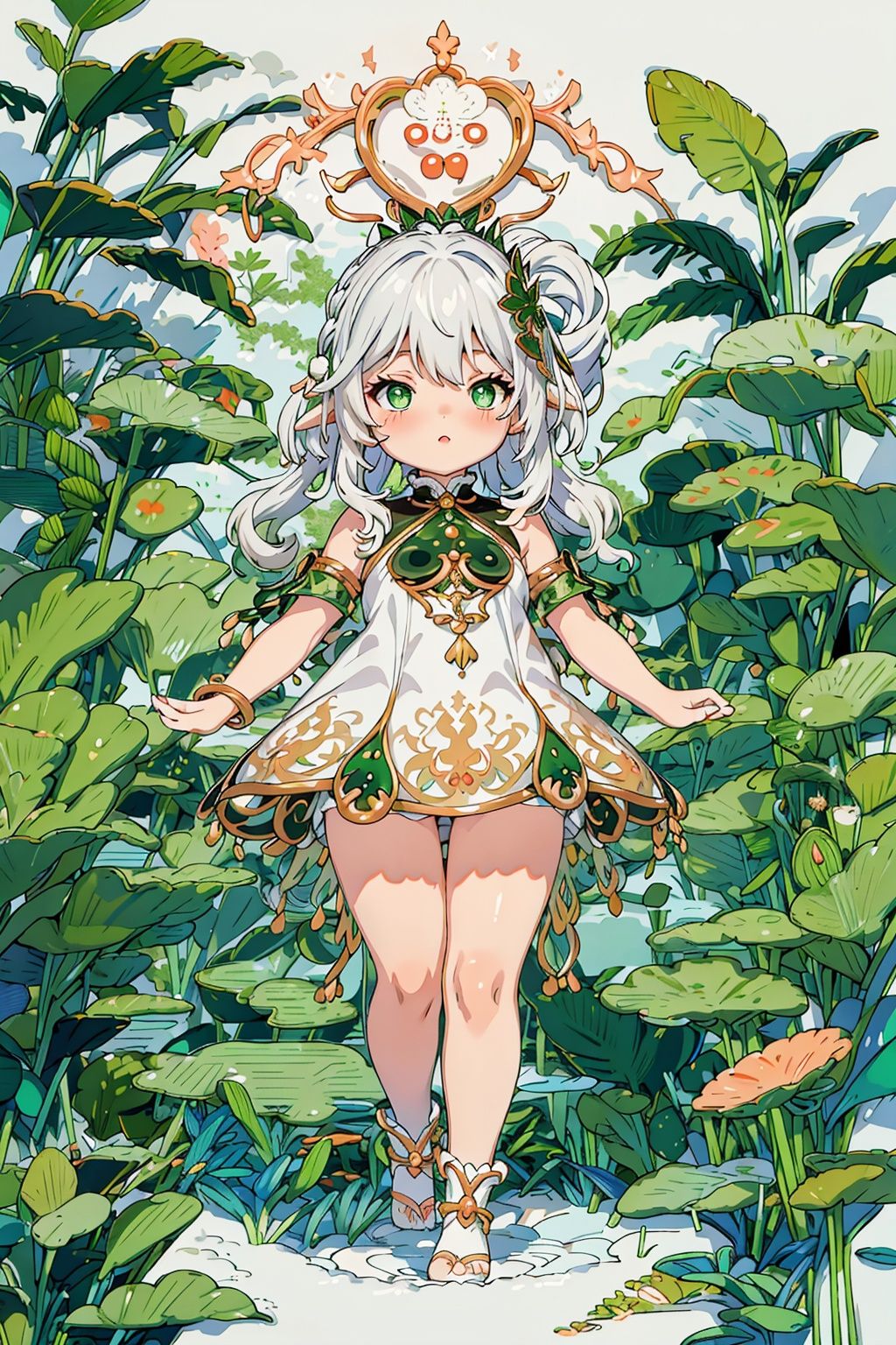 detailed illustration, kusanali,kid, white hair,white dress, green eyes,hair ornament, blush, full body, scenery, jungle ,32k,full body, chibi,（large breasts）