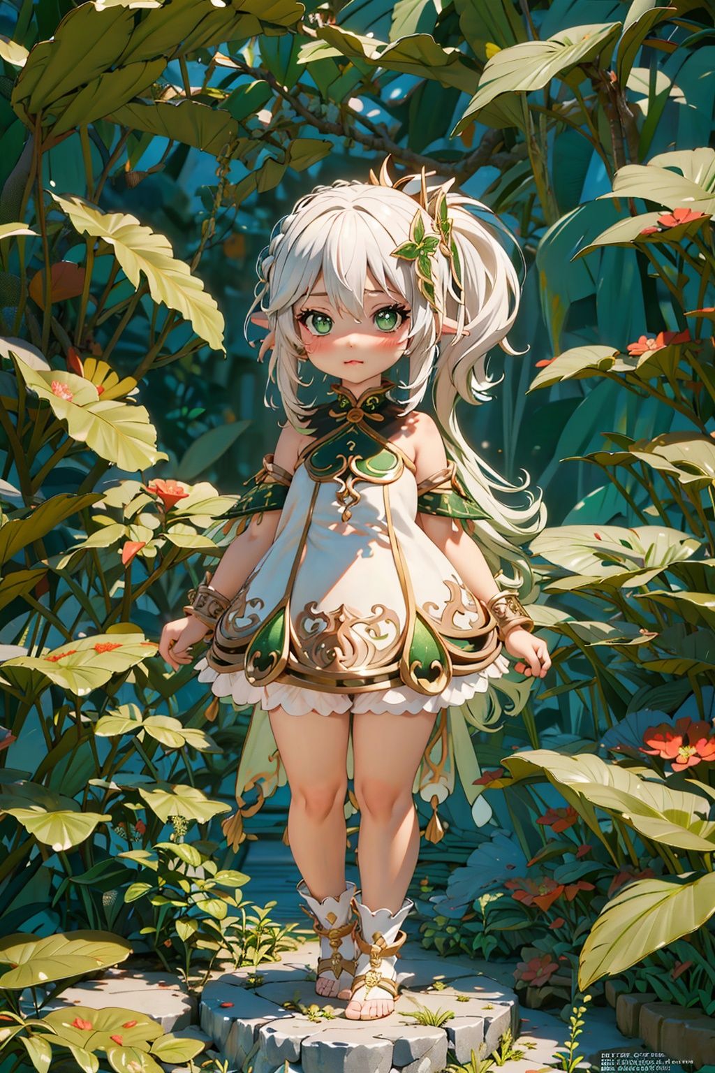 detailed illustration, kusanali,kid, white hair,white dress, green eyes,hair ornament, blush, full body, scenery, jungle ,32,高清, , ,full body, chibi,