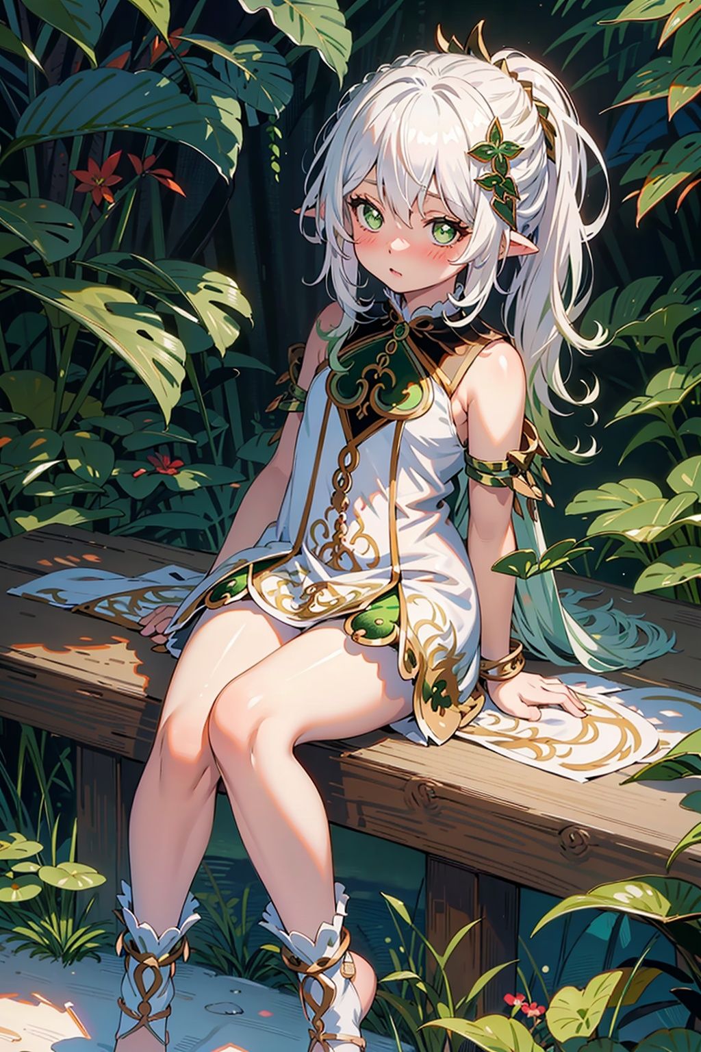 detailed illustration, kusanali,kid, white hair,white dress, green eyes,hair ornament, blush, full body, scenery, jungle ,32,高清, , 