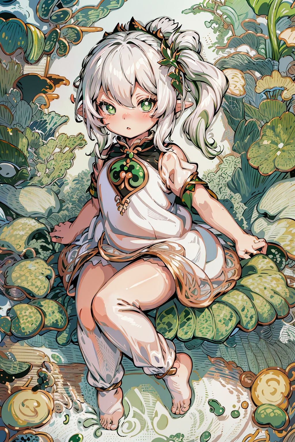 detailed illustration, kusanali,kid, white hair,white dress, green eyes,hair ornament, blush, full body, scenery, jungle ,32,高清, , 