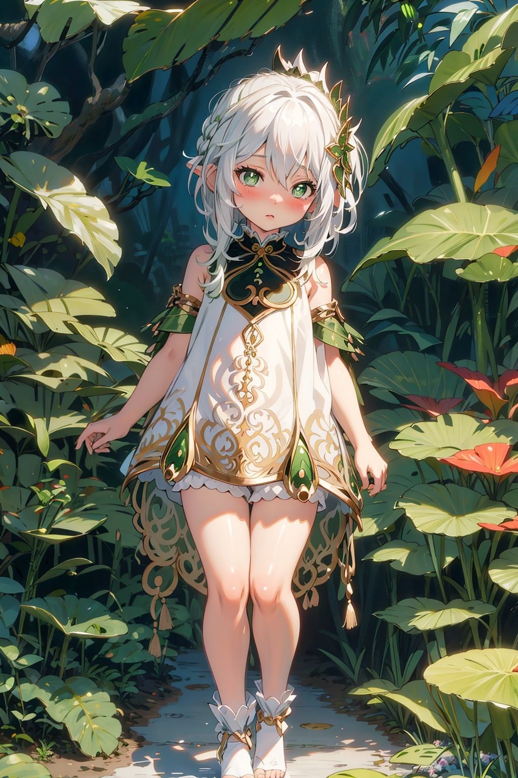 detailed illustration, kusanali,kid, white hair,white dress, green eyes,hair ornament, blush, full body, scenery, jungle ,32,高清, , 