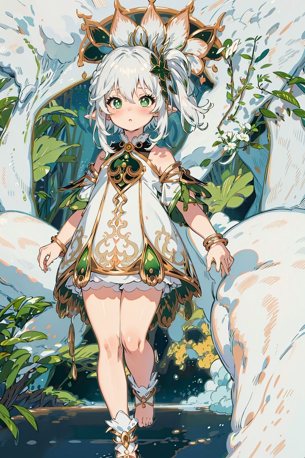 detailed illustration, kusanali,kid, white hair,white dress, green eyes,hair ornament, blush, full body, scenery, jungle ,32,高清, , 