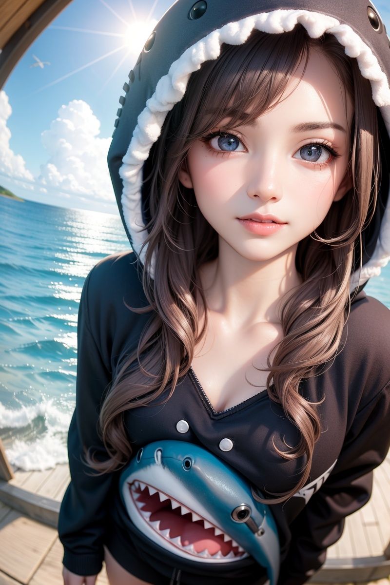 (masterpiece), best quality, ultra-detailed,illustration,8K,beautiful detailed eyes, (beautiful detailed face),  ((realistic face)), cute face,small breasts,blue gray hair, white eye, glowing eye,1girl,((solo)),(shark girl),(Shark plush hood),((Fluffy clothes)),((cowboy shot)), standing posture, from below,perspective,((fisheye lens)), outdoors,sky,sunlight, seaside,