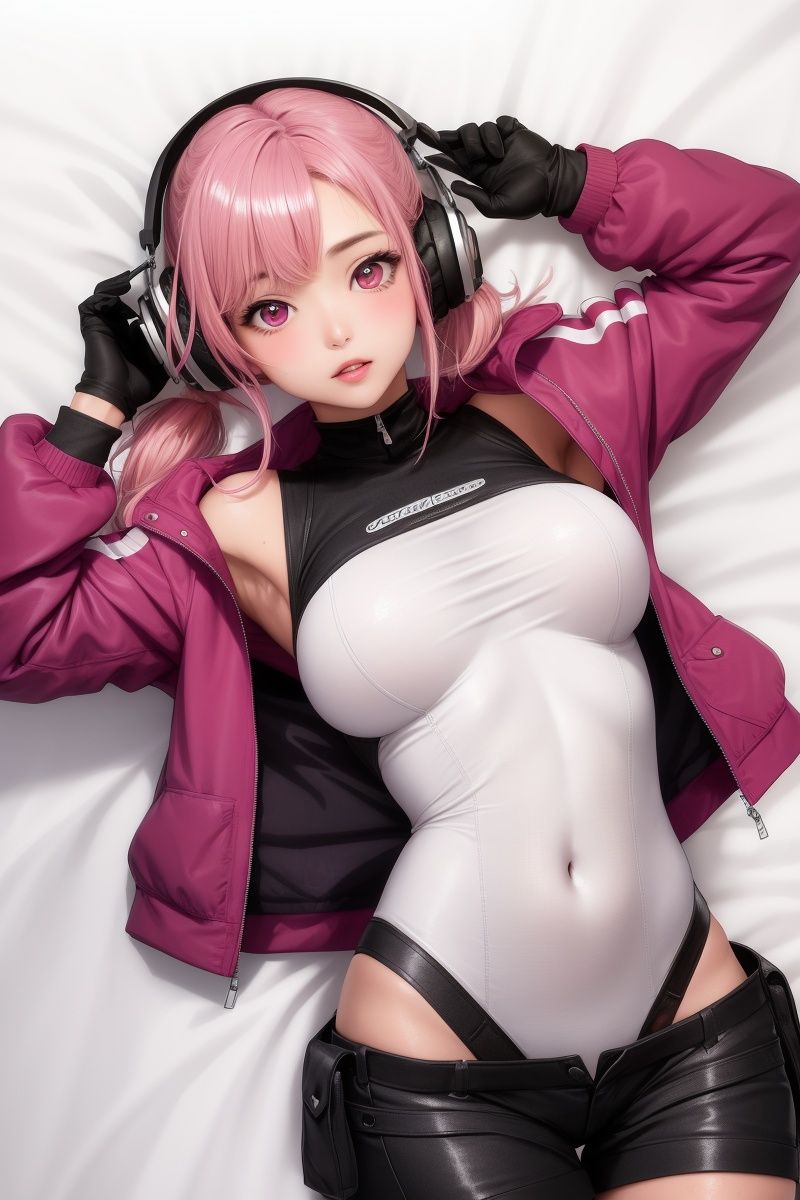 1girl, arms up, bangs, bodysuit, breasts, covered navel, cropped jacket, gloves, headphones, impossible bodysuit, jacket, large breasts, long hair, long sleeves, looking at viewer, lying, medium breasts, on back, parted lips, pink bodysuit, pink eyes, pink hair, puffy sleeves, red jacket, shrug \(clothing\), skin tight, solo, twintails,alice \(nikke\),(masterpiece:1.4),(best quality:1.4),(shiny skin),realistic <lora:aliceNikke_v30:1>