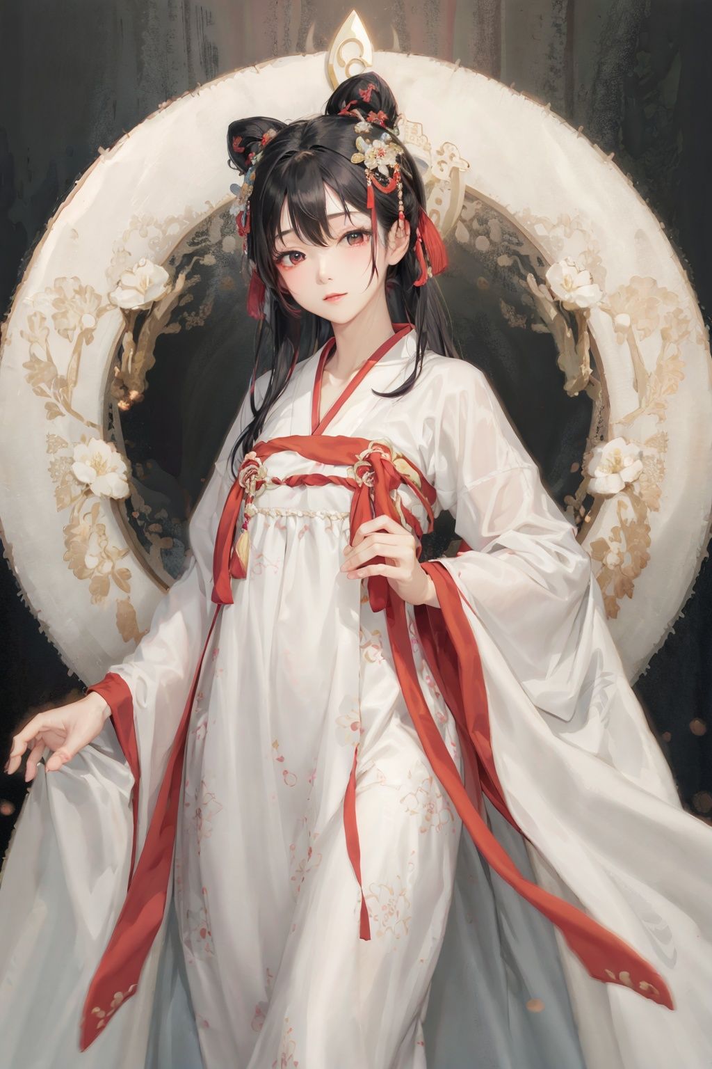 Bai Niangzi, White Lady, main character, Legend of the White Snake, ancient Chinese, white snake spirit, beautiful, virtuous, gentle demeanor, black hair, fair skin, delicate eyebrows, intelligent, soft beauty, warm eyes, kindness, elegant Hanfu, celestial robes, nobility, ethereal presence.,32k,高清