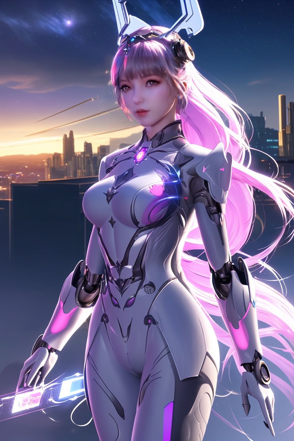 (A girl from the future jumps out of the phone screen), with a close-up of the girl jumping out of the screen as the visual center, holographic projection phone, surreal style, sense of technology, fantasy engine, immersive, extremely detailed details, highly detailed, research environment, 8K resolution, realistic lighting description,xwhd,Cyberworld,alone,mecha musume,mechanical parts, robot joints,single mechanical arm, headgear, mechanical halo,star halo,intricate mechanical bodysuit, mecha corset, full armor, very long hair,white hair, hair between eyes, multicolored hair, colored inner hair, glowing eye,eye trail, random expressions,random action, pond, starry sky,skyline,Pink Mecha,Cyberworld,emauromin style